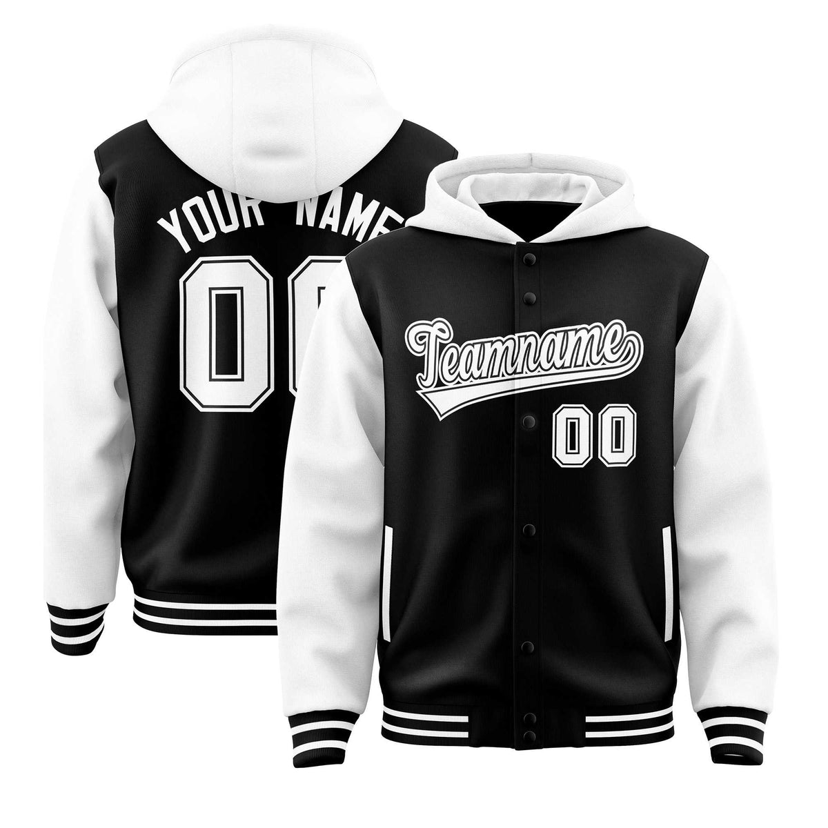 Custom Black White Raglan Sleeves Varsity Full-Snap Letterman Two Tone Jacket Hoodie| KXKSHOP