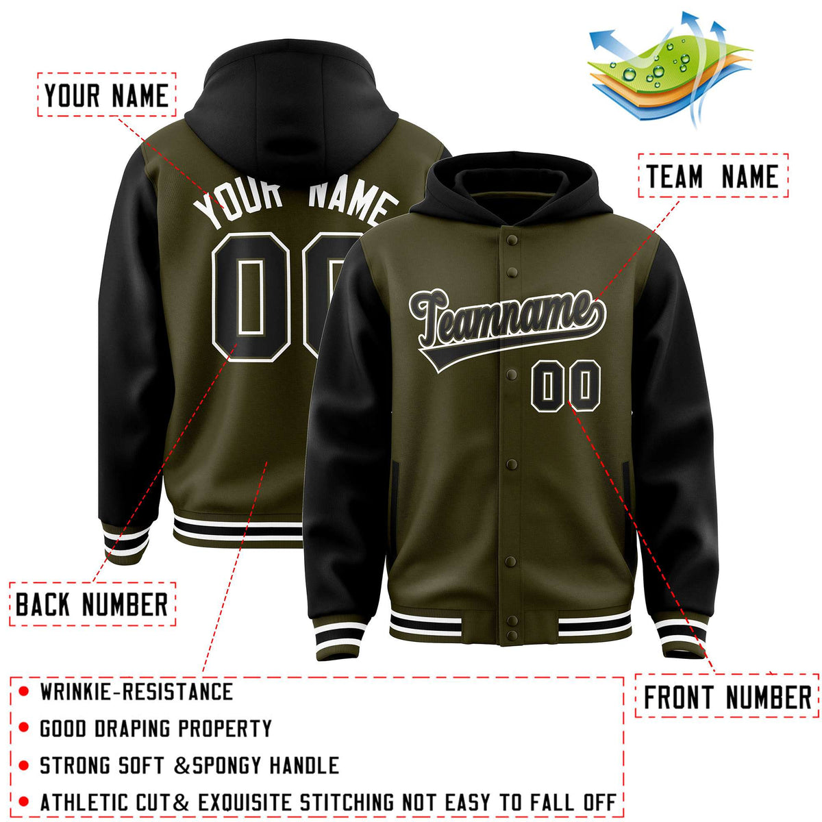 Custom Olive Black Raglan Sleeves Varsity Full-Snap Letterman Two Tone Jacket Hoodie| KXKSHOP