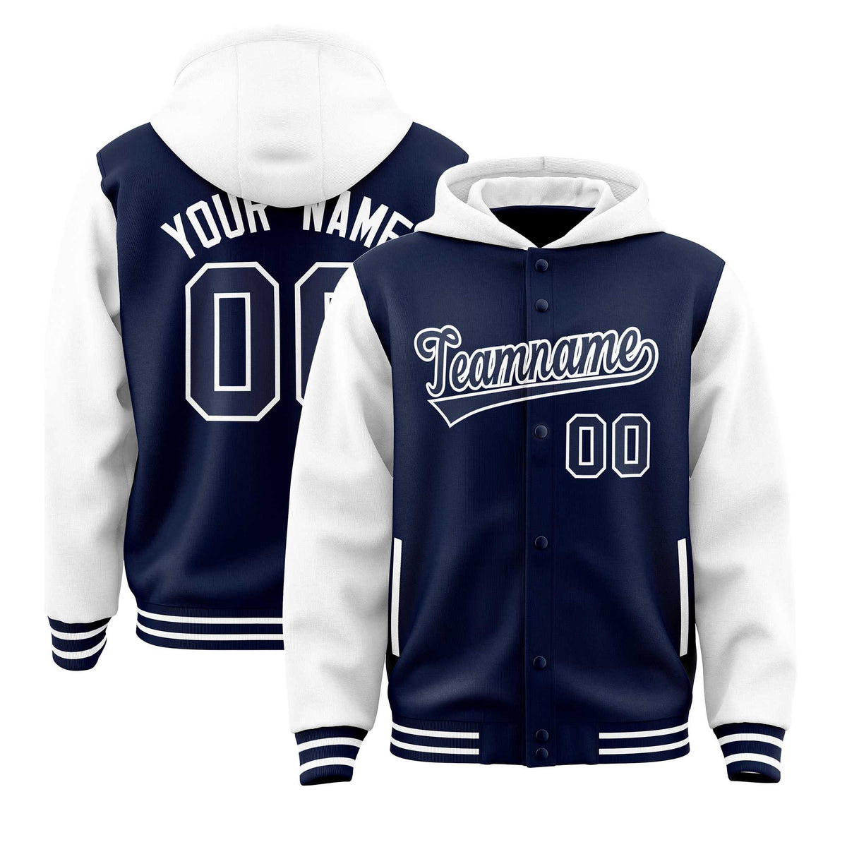 Custom Navy White Raglan Sleeves Varsity Full-Snap Letterman Two Tone Jacket Hoodie| KXKSHOP