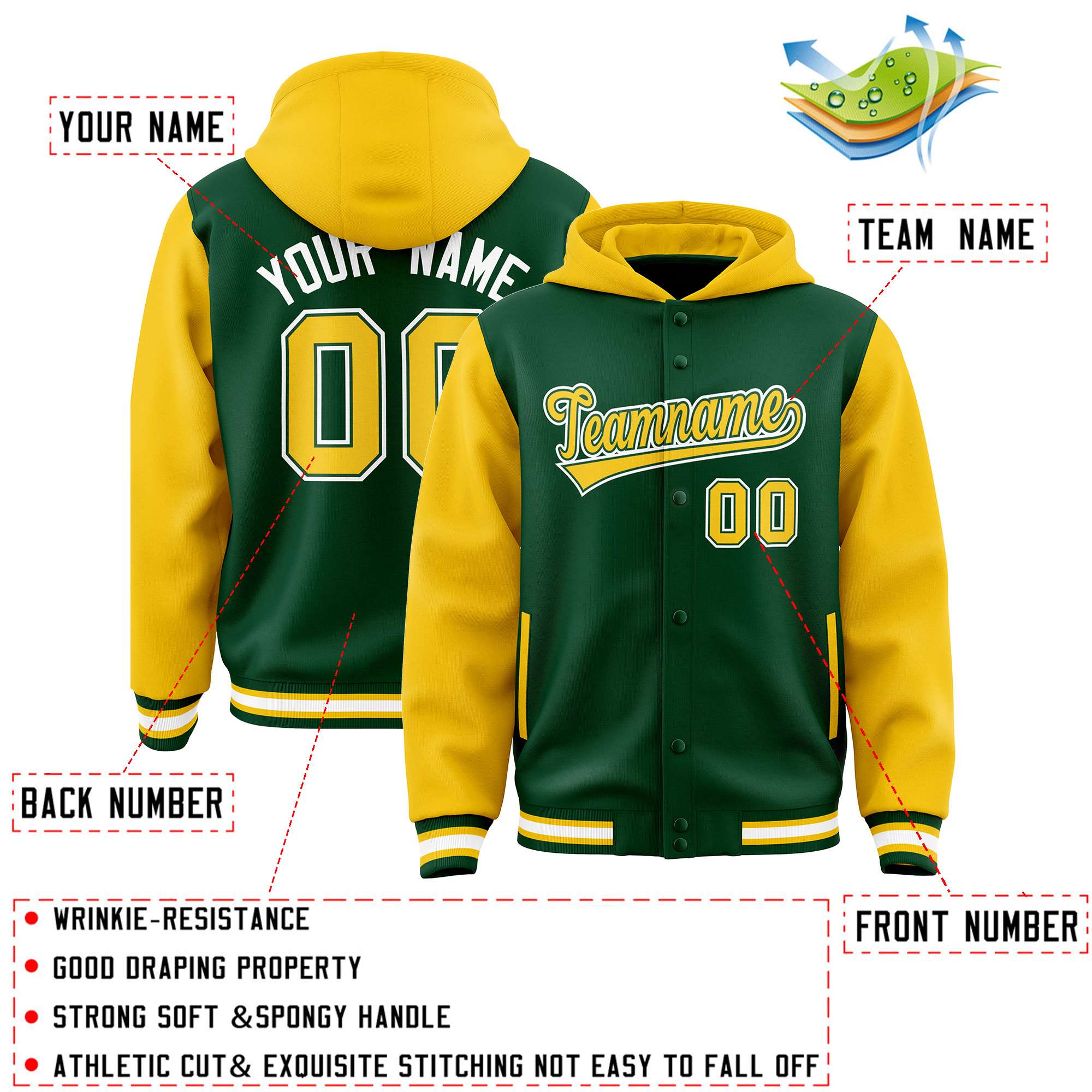 Custom Green Gold Raglan Sleeves Varsity Full-Snap Letterman Two Tone Jacket Hoodie| KXKSHOP