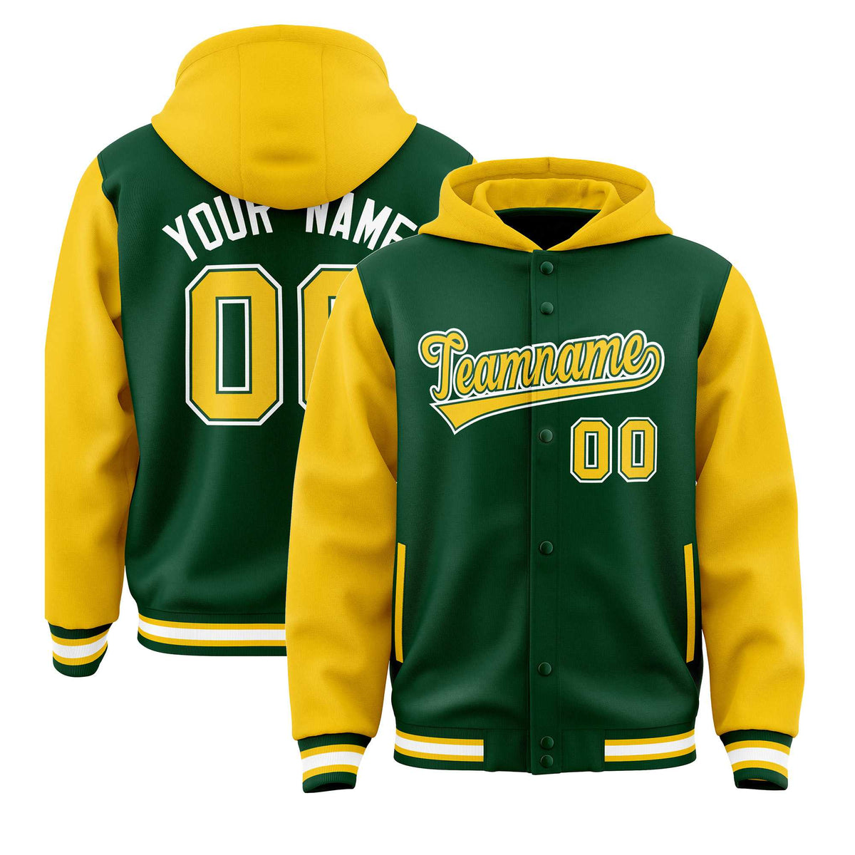 Custom Green Gold Raglan Sleeves Varsity Full-Snap Letterman Two Tone Jacket Hoodie| KXKSHOP