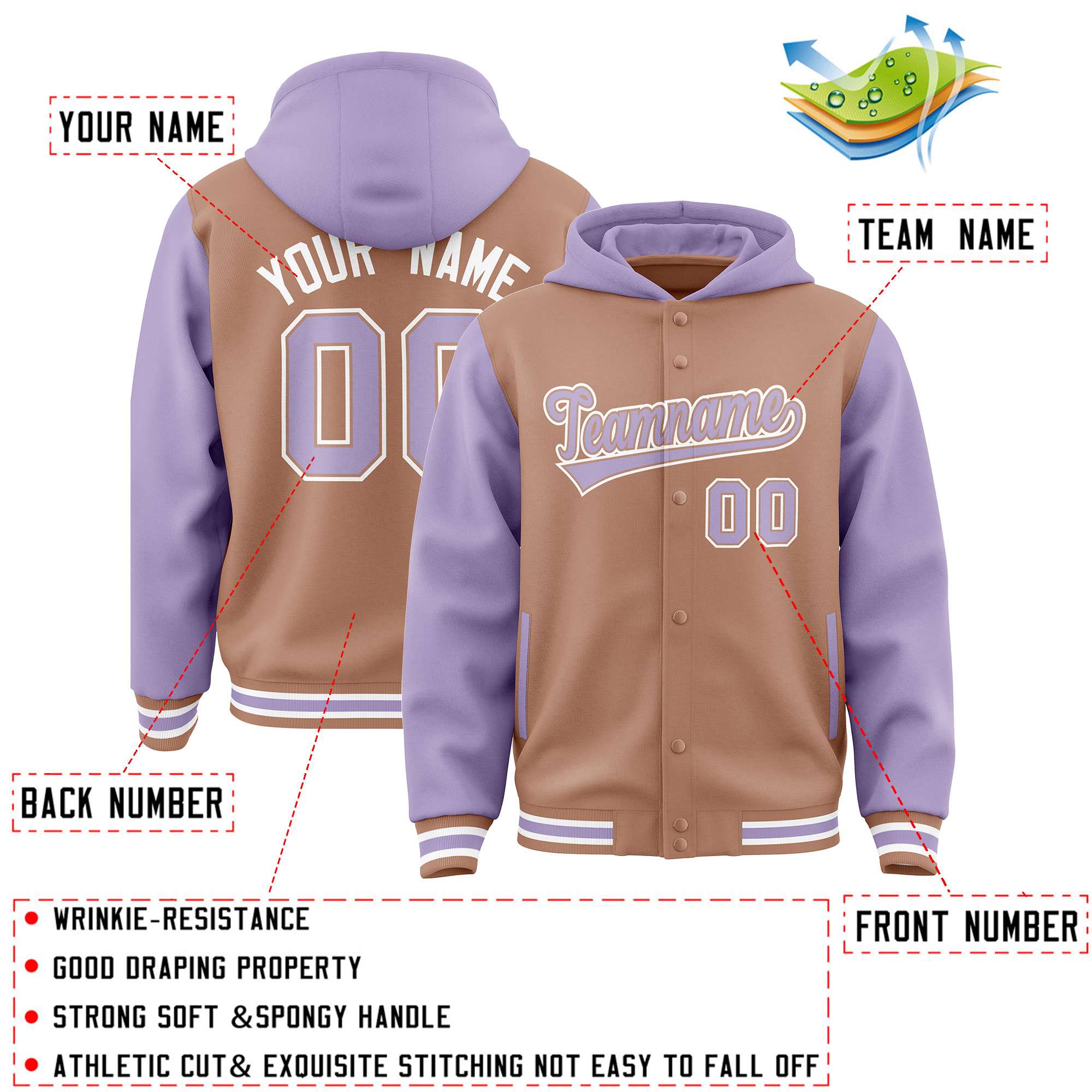 Custom Teabrown Light Purple Raglan Sleeves Varsity Full-Snap Letterman Two Tone Jacket Hoodie| KXKSHOP