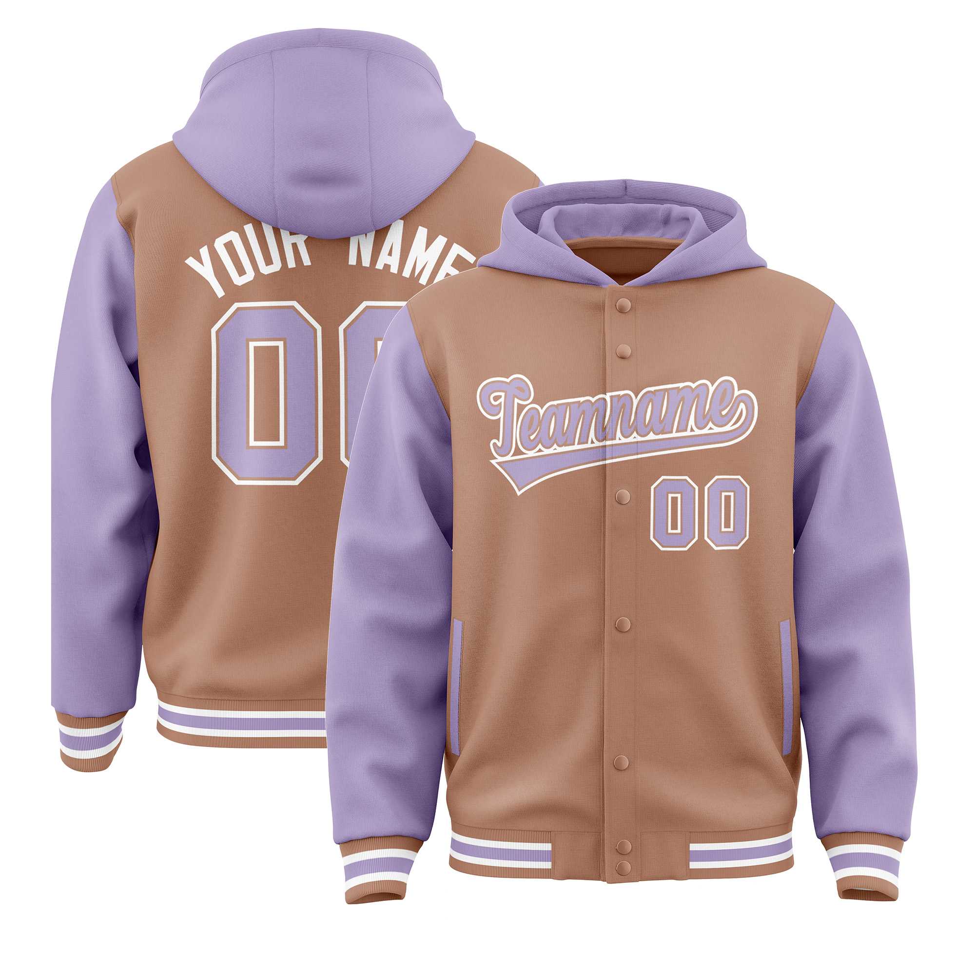 Custom Teabrown Light Purple Raglan Sleeves Varsity Full-Snap Letterman Two Tone Jacket Hoodie| KXKSHOP