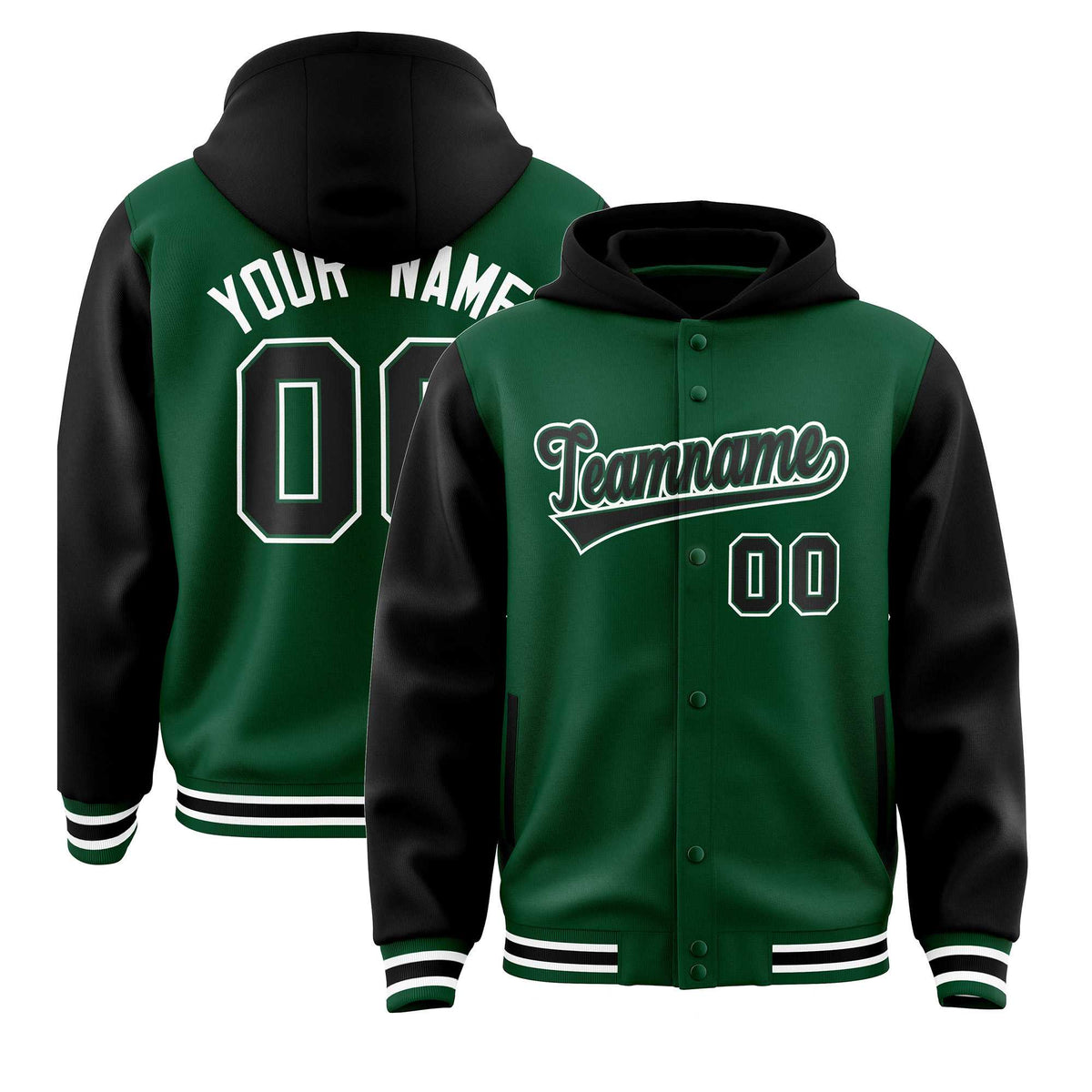 Custom Green Black Raglan Sleeves Varsity Full-Snap Letterman Two Tone Jacket Hoodie| KXKSHOP
