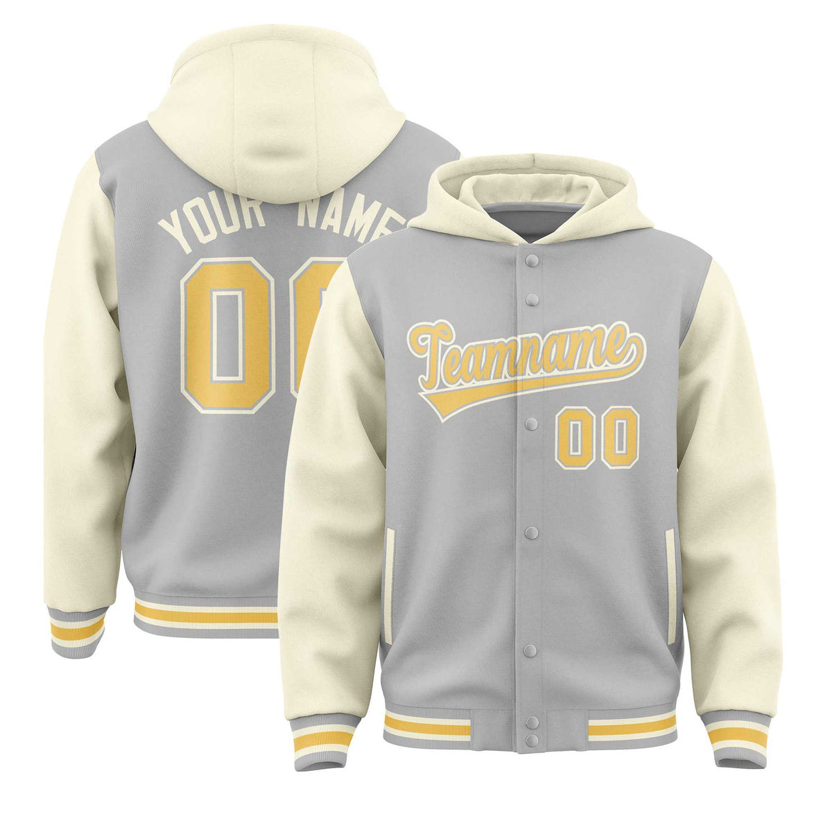 Custom Gray Cream Raglan Sleeves Varsity Full-Snap Letterman Two Tone Jacket Hoodie| KXKSHOP