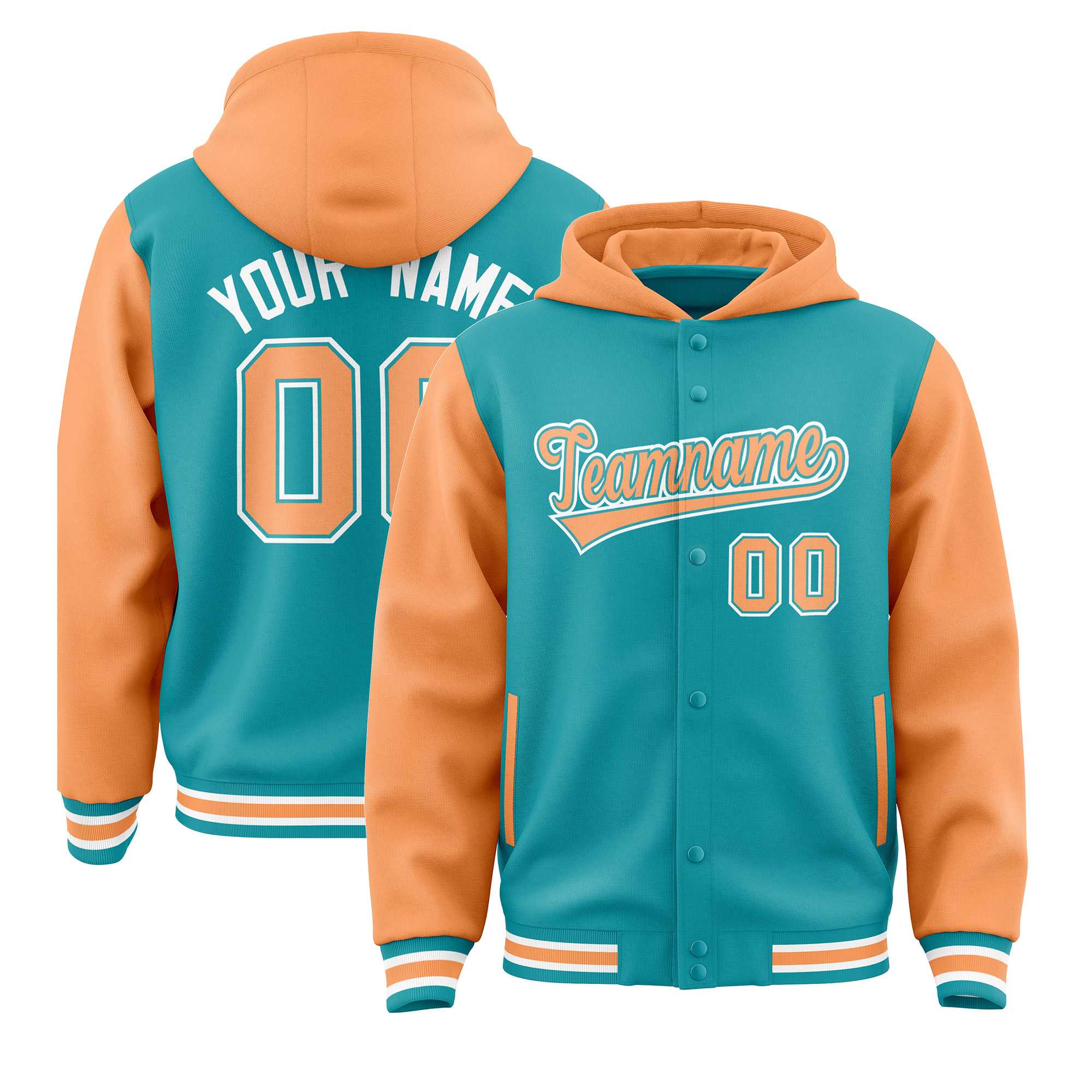Custom Aqua Orange Raglan Sleeves Varsity Full-Snap Letterman Two Tone Jacket Hoodie| KXKSHOP