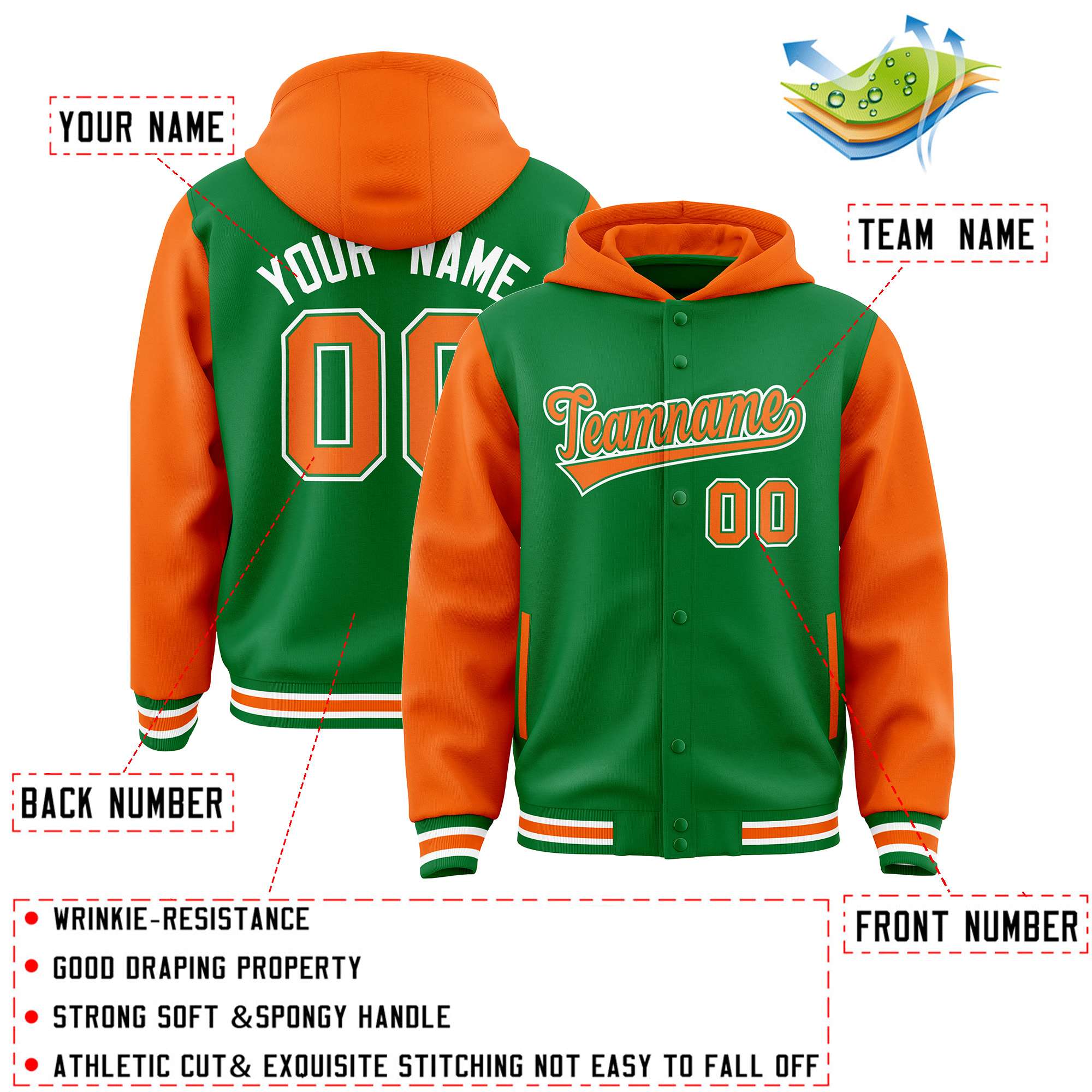 Custom Kelly Green Orange Raglan Sleeves Varsity Full-Snap Letterman Two Tone Jacket Hoodie| KXKSHOP