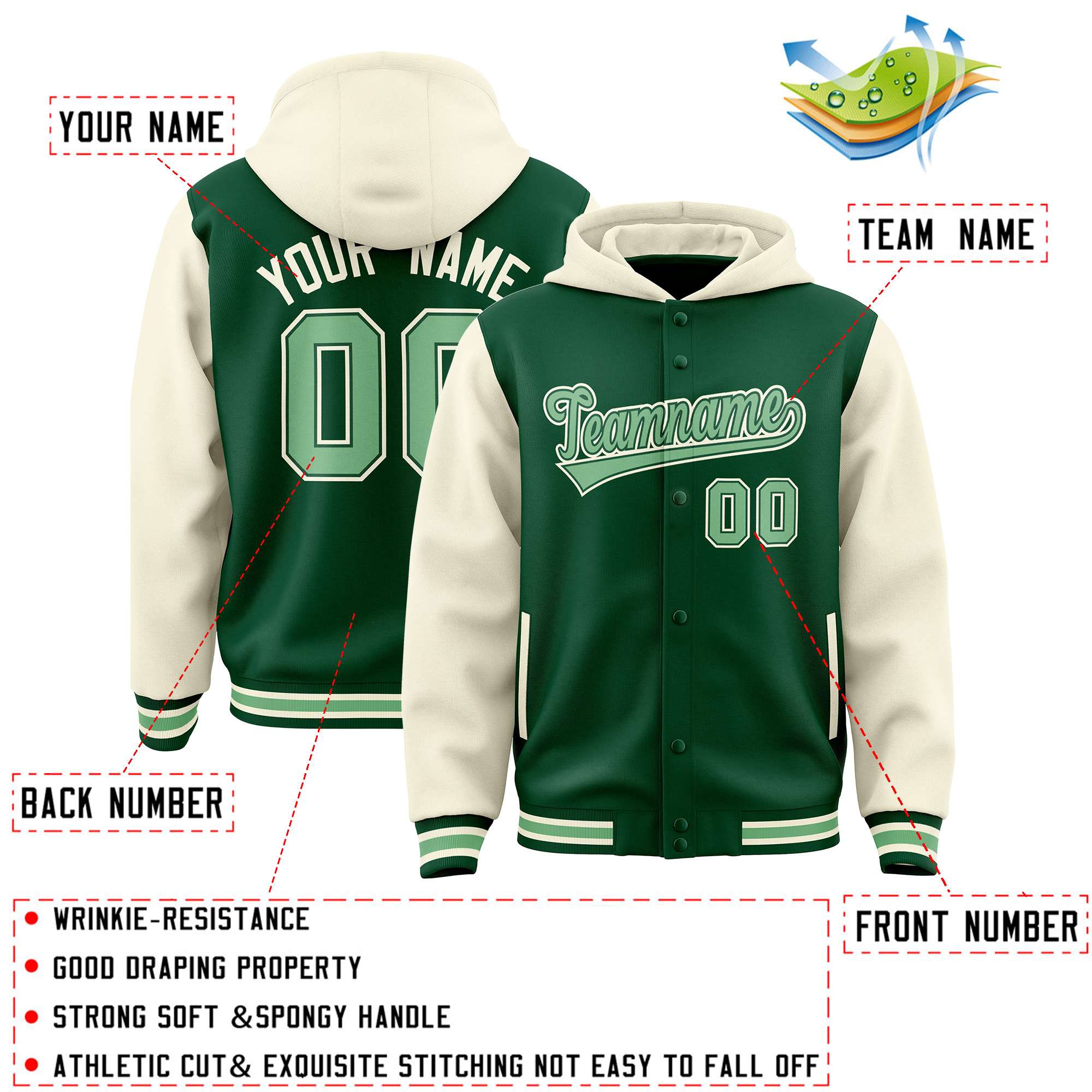 Custom Green Cream Raglan Sleeves Varsity Full-Snap Letterman Two Tone Jacket Hoodie| KXKSHOP
