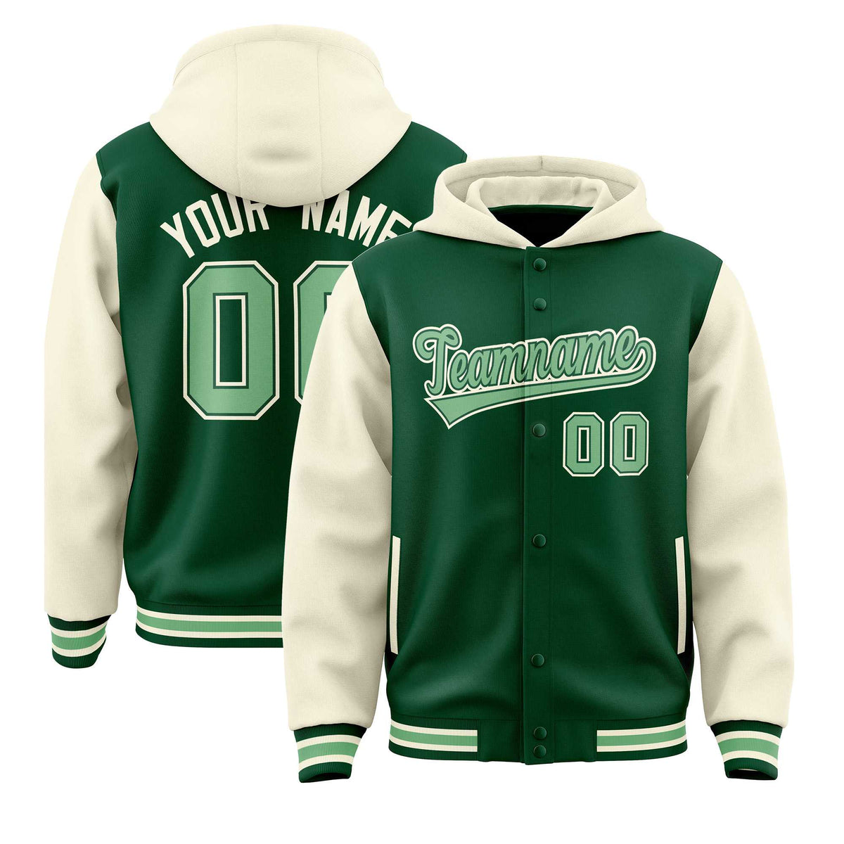 Custom Green Cream Raglan Sleeves Varsity Full-Snap Letterman Two Tone Jacket Hoodie| KXKSHOP