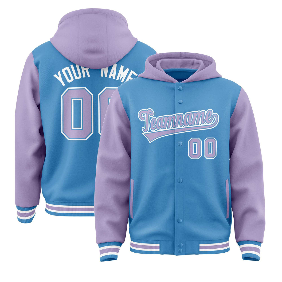 Custom Powder Blue Light Purple Raglan Sleeves Varsity Full-Snap Letterman Two Tone Jacket Hoodie| KXKSHOP