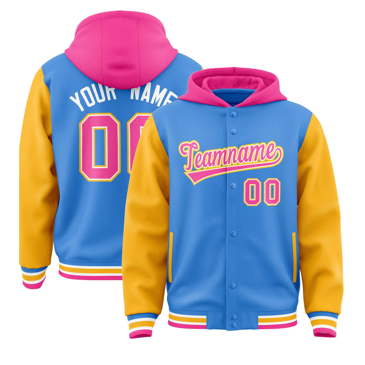 Custom Powder Blue Gold-Pink Raglan Sleeves Varsity Full-Snap Letterman Two Tone Jacket Hoodie| KXKSHOP
