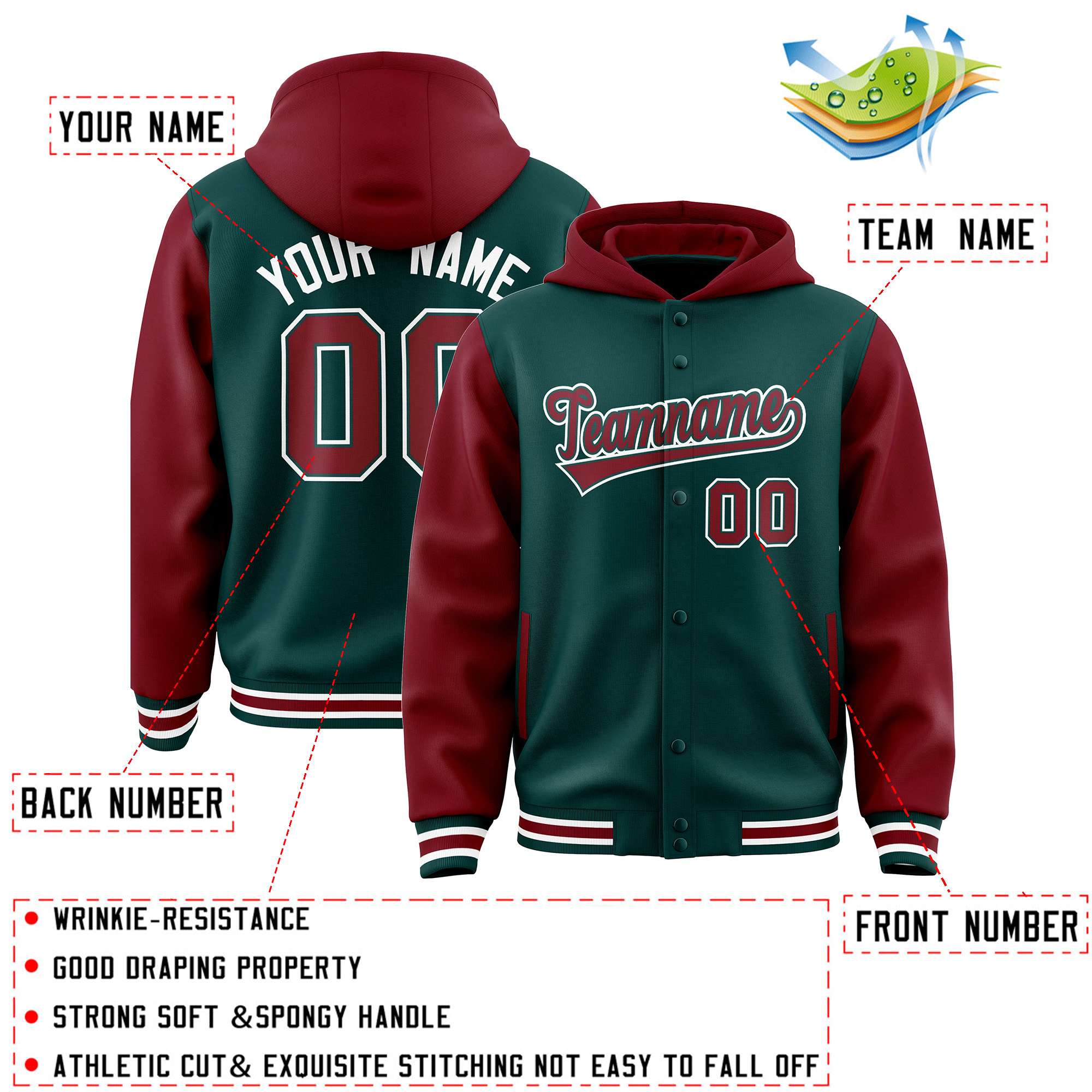 Custom Midnight Green Crimson Raglan Sleeves Varsity Full-Snap Letterman Two Tone Jacket Hoodie| KXKSHOP