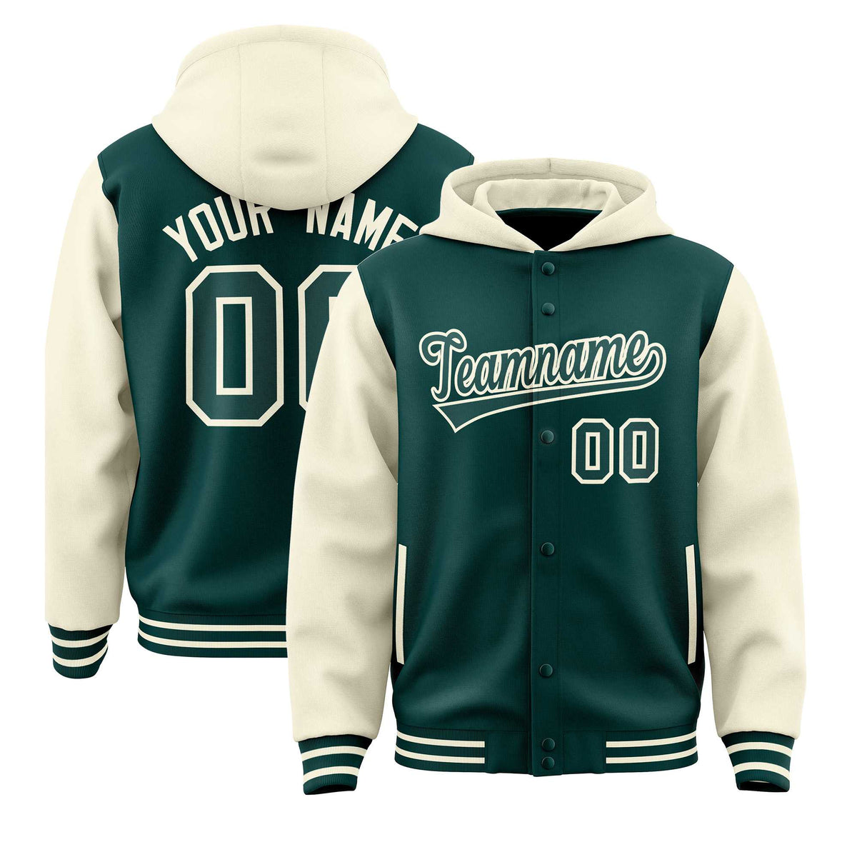 Custom Midnight Green Cream Raglan Sleeves Varsity Full-Snap Letterman Two Tone Jacket Hoodie| KXKSHOP
