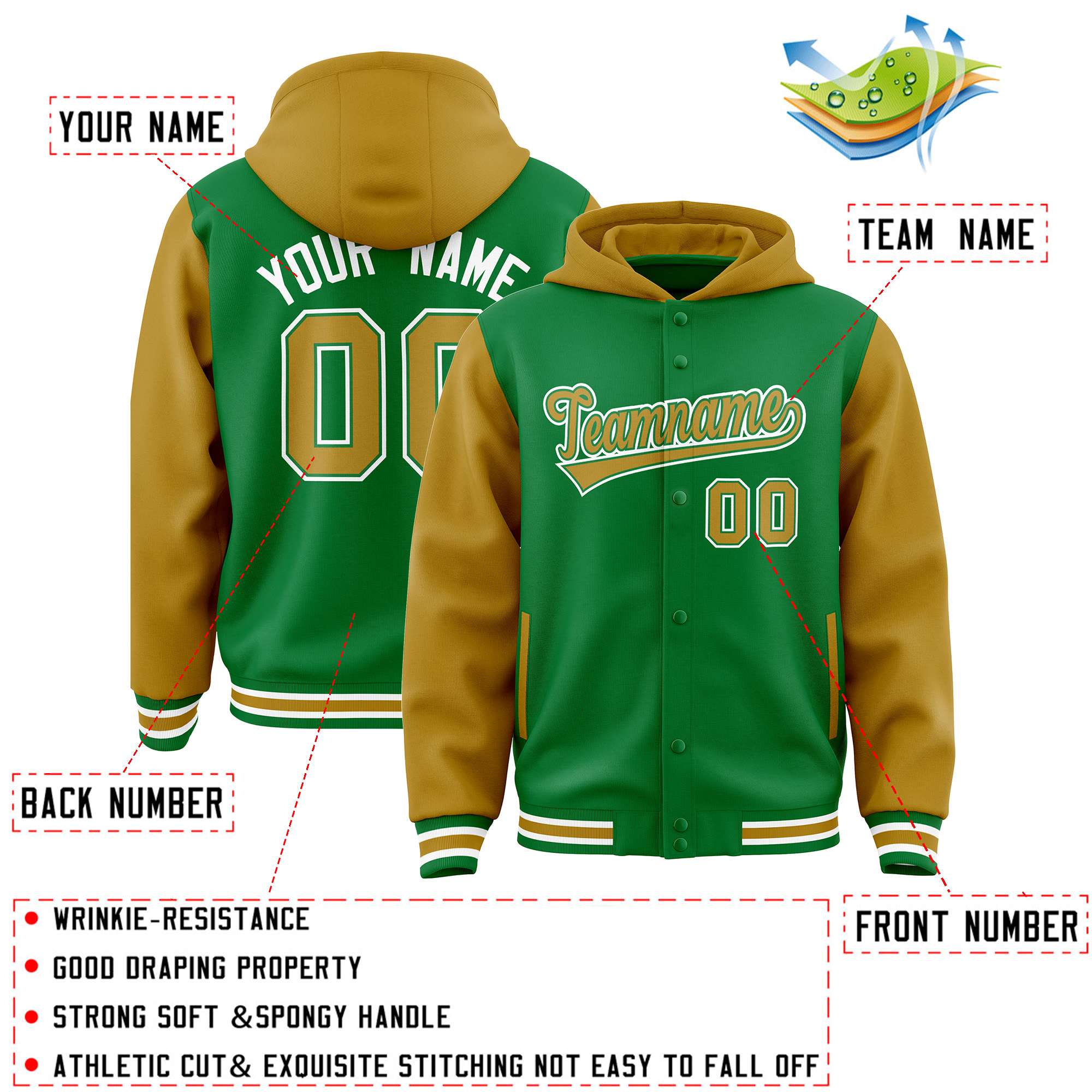 Custom Kelly Green Old Gold Raglan Sleeves Varsity Full-Snap Letterman Two Tone Jacket Hoodie| KXKSHOP