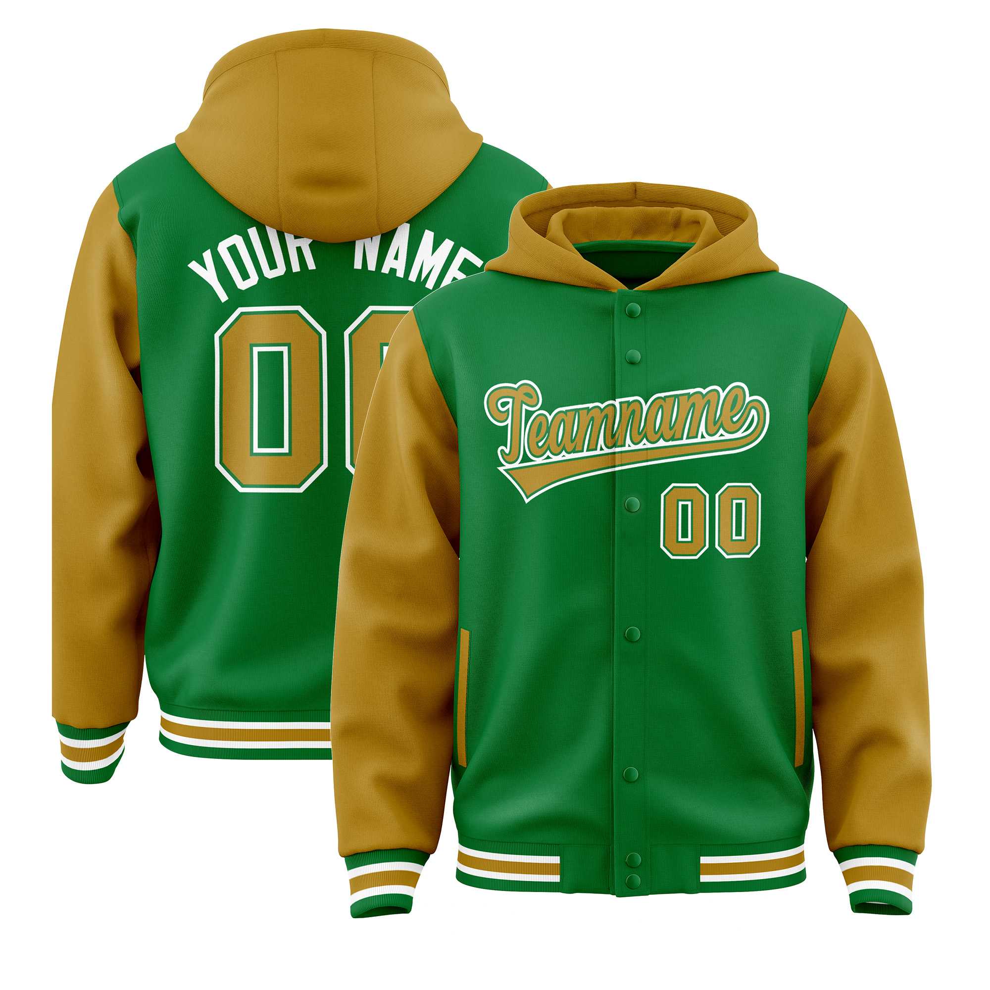 Custom Kelly Green Old Gold Raglan Sleeves Varsity Full-Snap Letterman Two Tone Jacket Hoodie| KXKSHOP