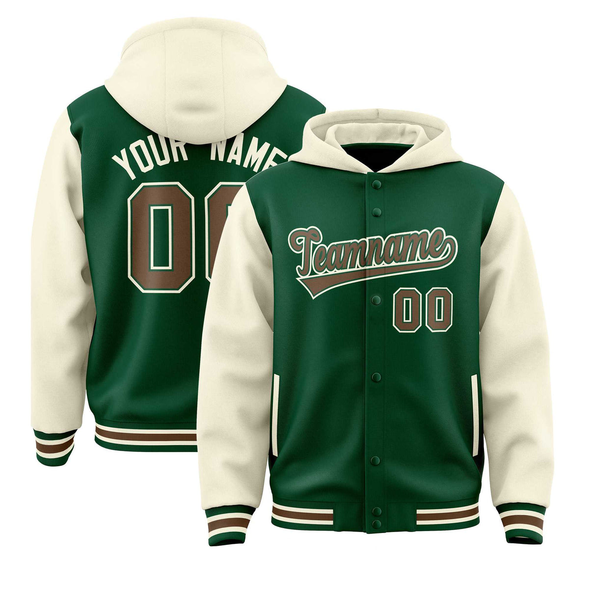 Custom Green Cream Raglan Sleeves Varsity Full-Snap Letterman Two Tone Jacket Hoodie| KXKSHOP