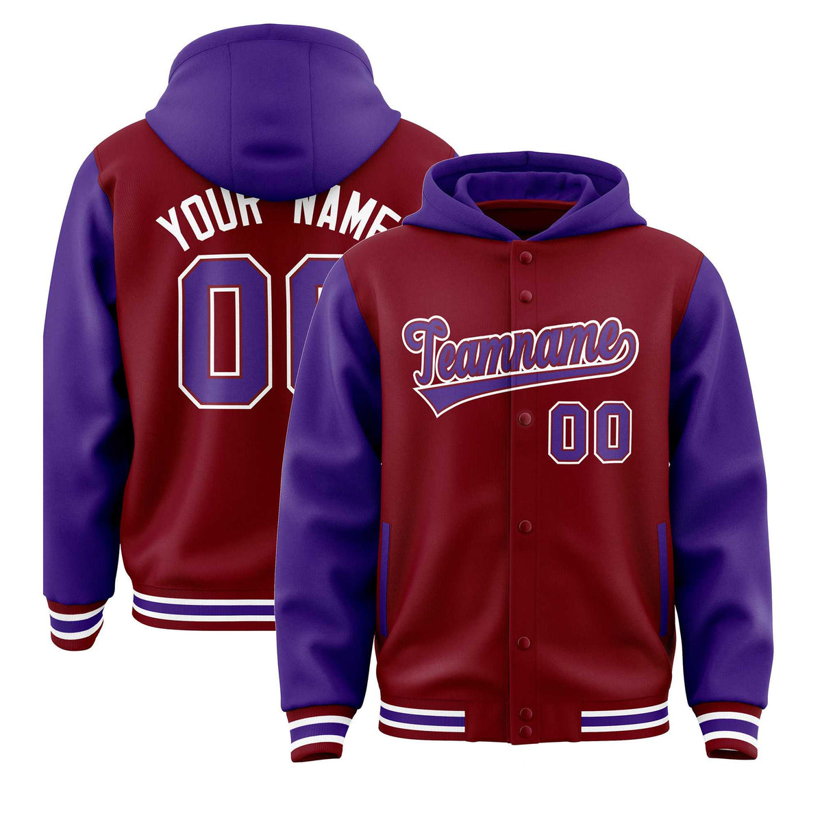 Custom Crimson Purple Raglan Sleeves Varsity Full-Snap Letterman Two Tone Jacket Hoodie| KXKSHOP
