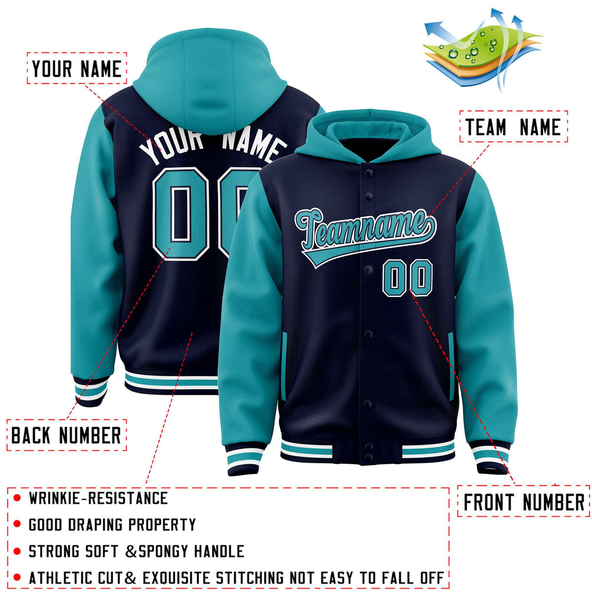Custom Navy Aqua Raglan Sleeves Varsity Full-Snap Letterman Two Tone Jacket Hoodie| KXKSHOP