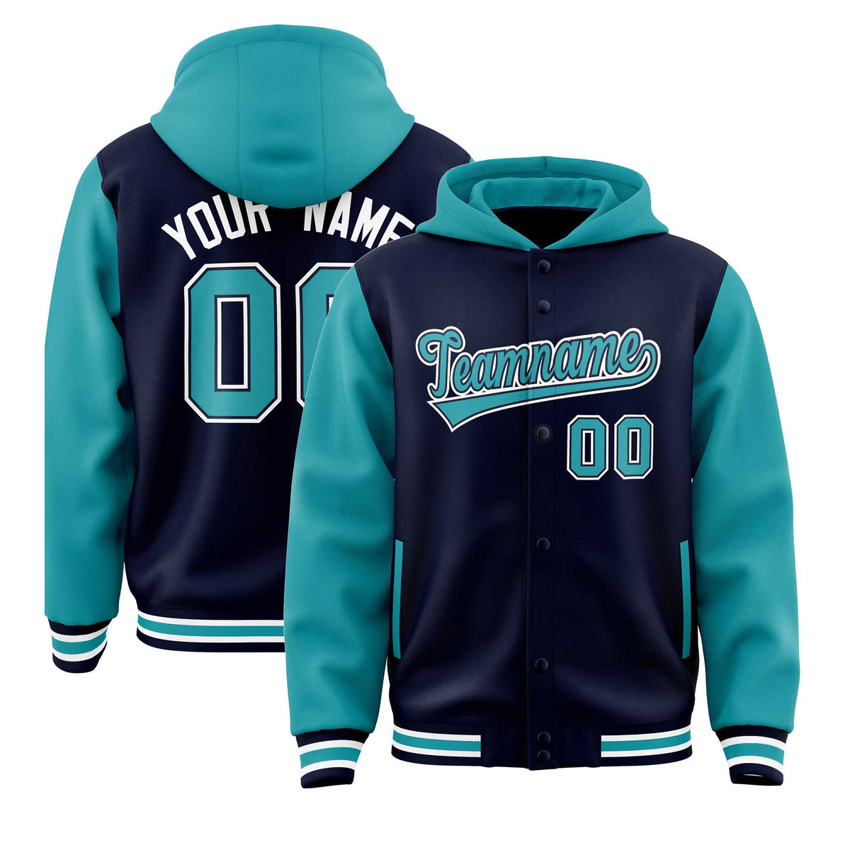 Custom Navy Aqua Raglan Sleeves Varsity Full-Snap Letterman Two Tone Jacket Hoodie| KXKSHOP