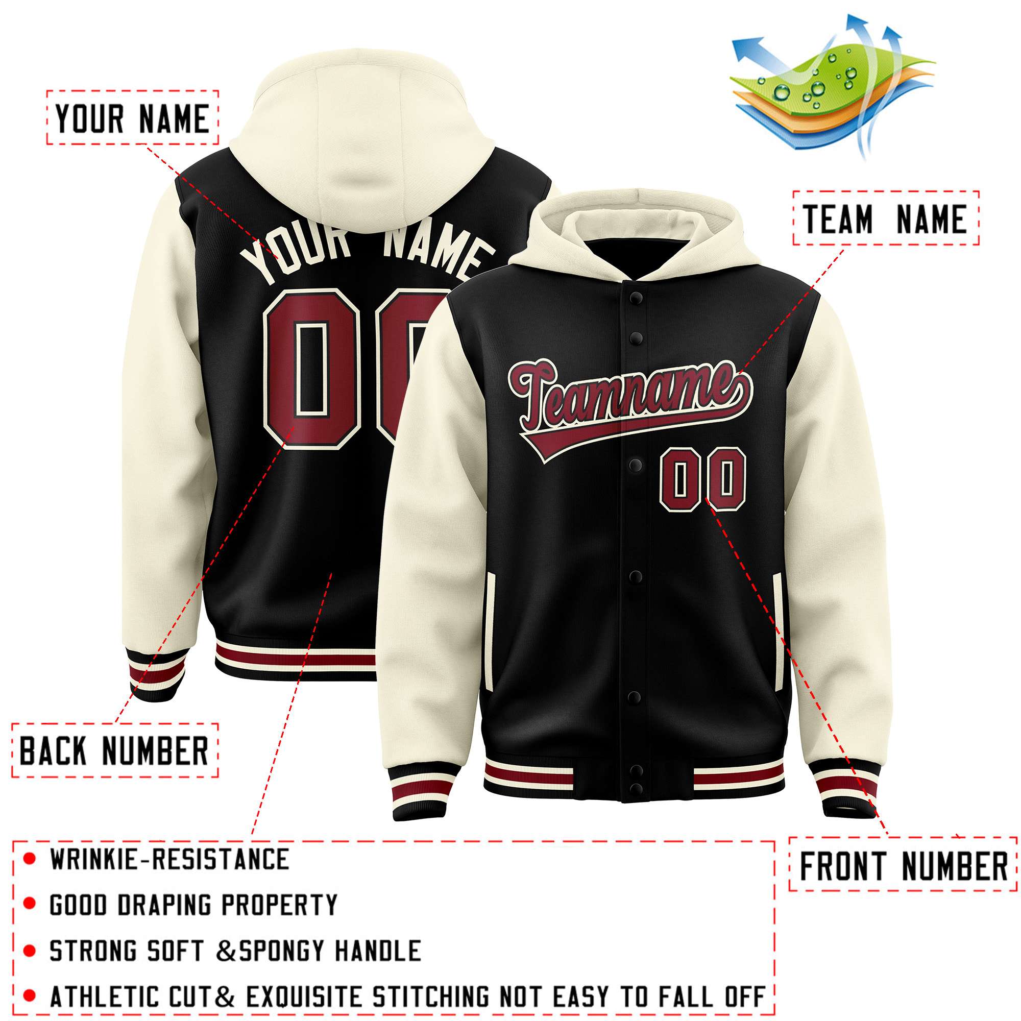 Custom Black Cream Raglan Sleeves Varsity Full-Snap Letterman Two Tone Jacket Hoodie| KXKSHOP