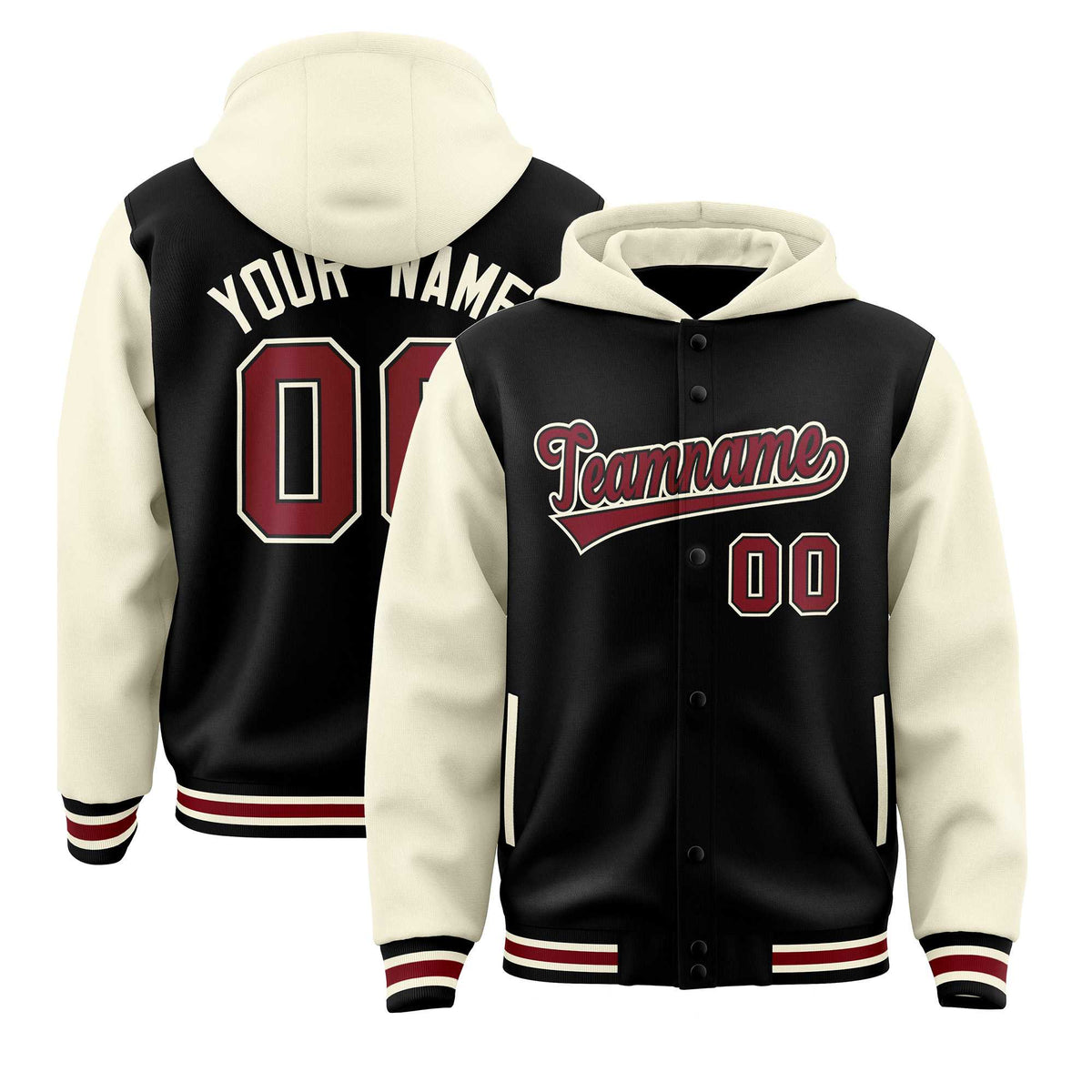 Custom Black Cream Raglan Sleeves Varsity Full-Snap Letterman Two Tone Jacket Hoodie| KXKSHOP