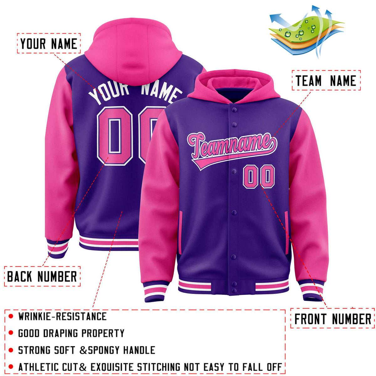 Custom Purple Pink Raglan Sleeves Varsity Full-Snap Letterman Two Tone Jacket Hoodie| KXKSHOP
