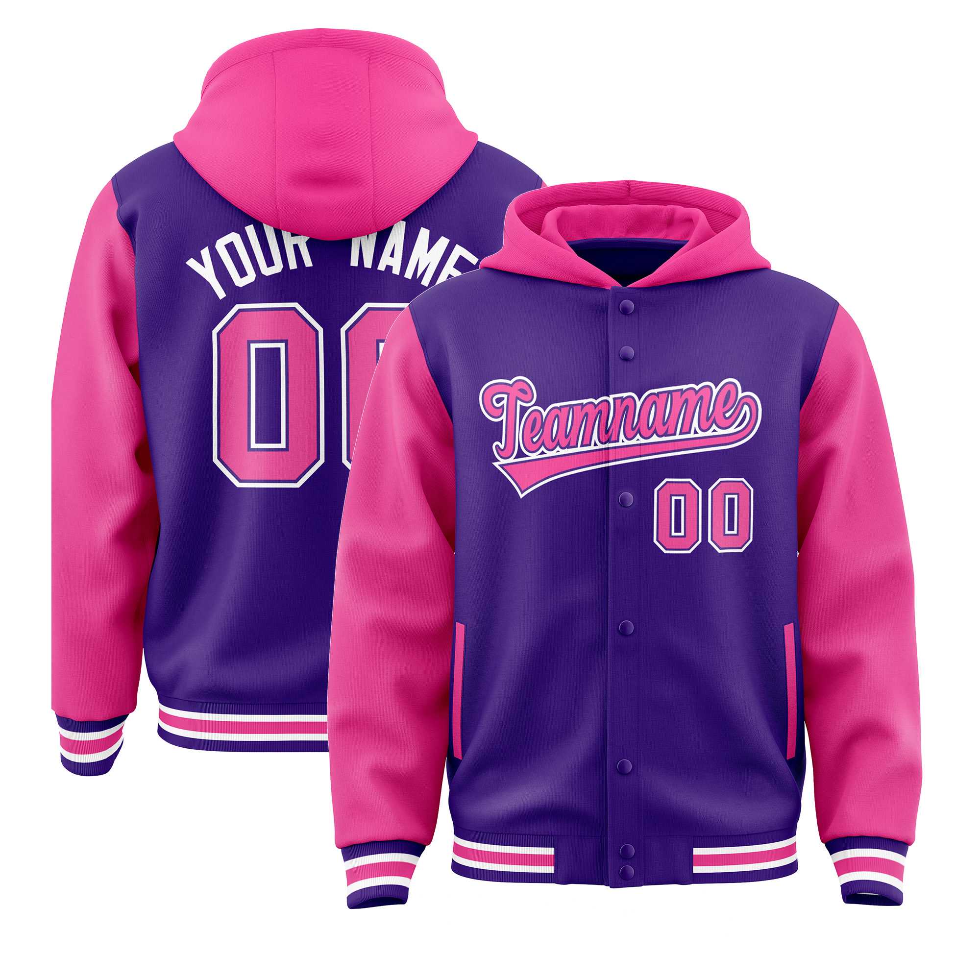 Custom Purple Pink Raglan Sleeves Varsity Full-Snap Letterman Two Tone Jacket Hoodie| KXKSHOP