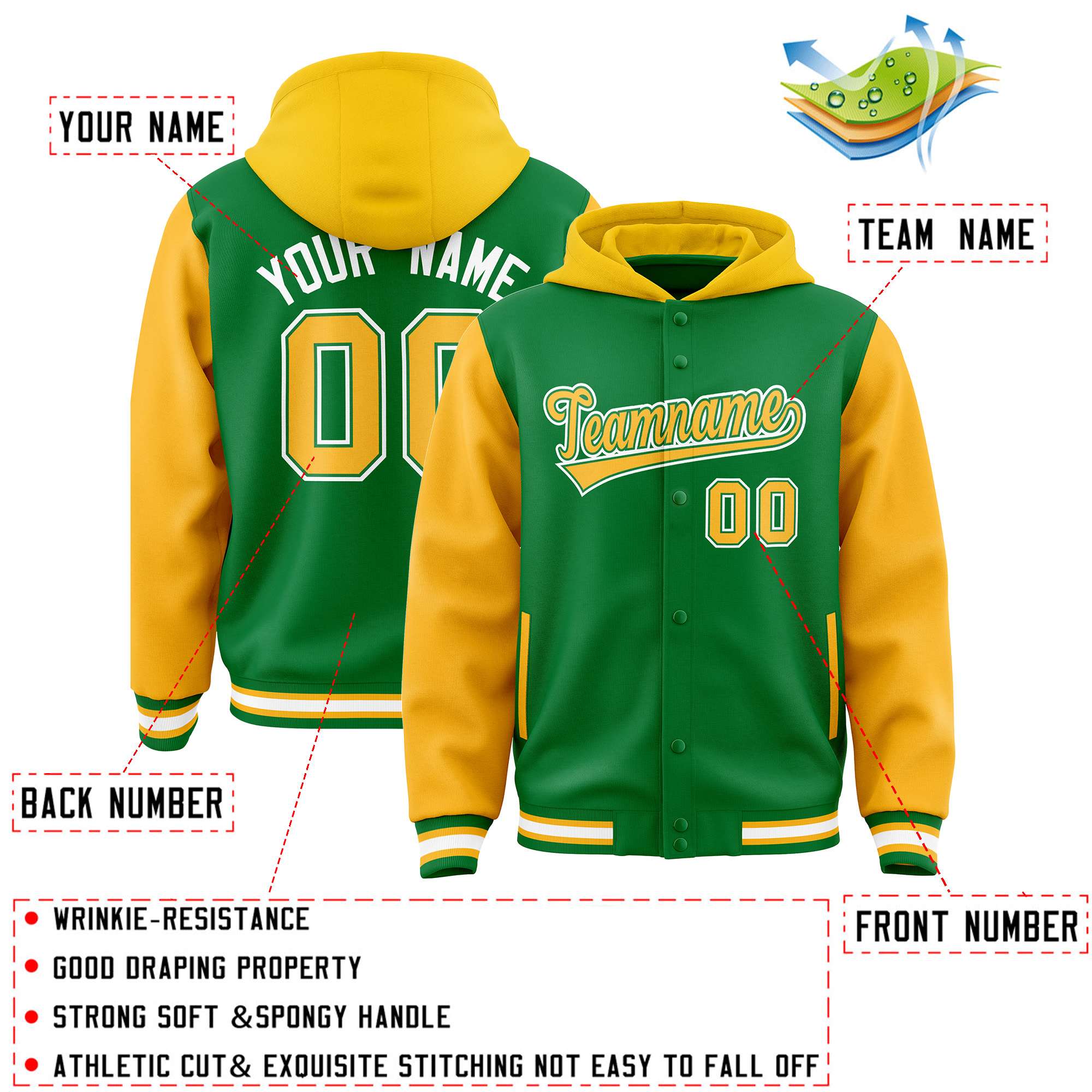 Custom Kelly Green Gold Raglan Sleeves Varsity Full-Snap Letterman Two Tone Jacket Hoodie| KXKSHOP