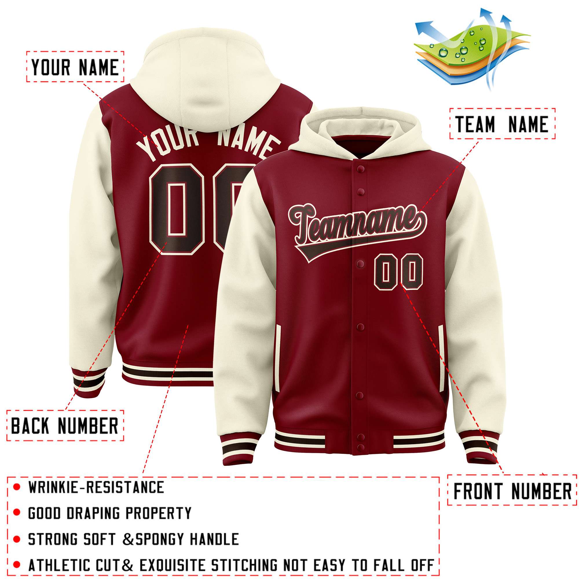 Custom Crimson Cream Raglan Sleeves Varsity Full-Snap Letterman Two Tone Jacket Hoodie| KXKSHOP
