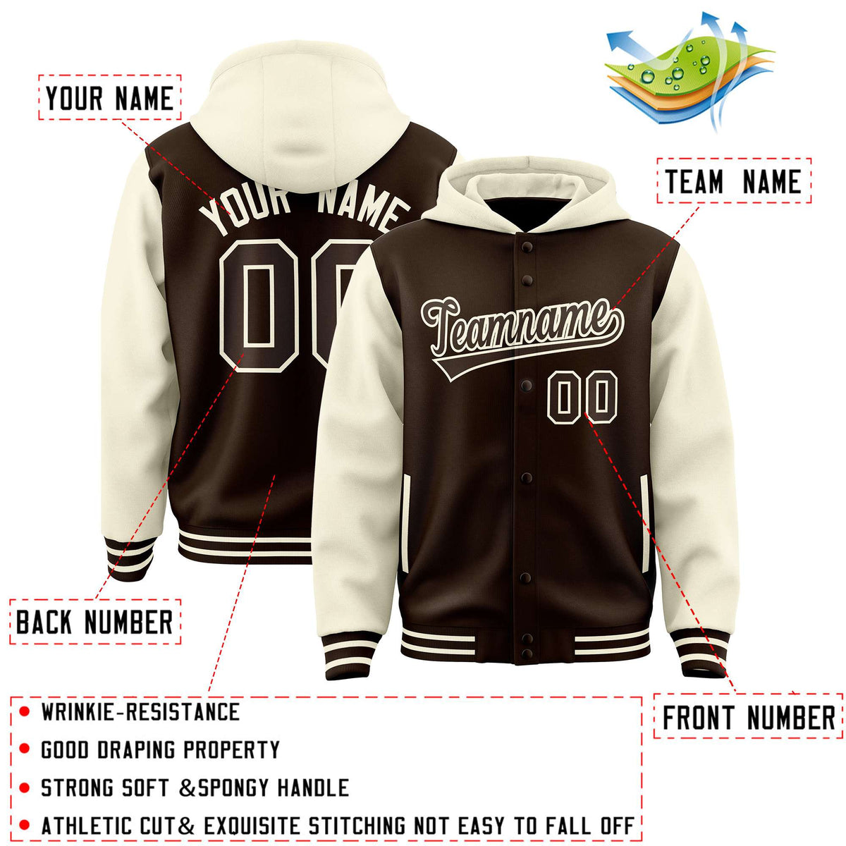 Custom Brown Cream Raglan Sleeves Varsity Full-Snap Letterman Two Tone Jacket Hoodie| KXKSHOP