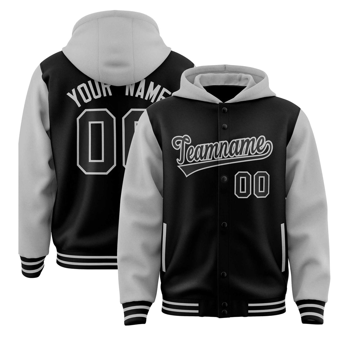 Custom Black Gray Raglan Sleeves Varsity Full-Snap Letterman Two Tone Jacket Hoodie| KXKSHOP