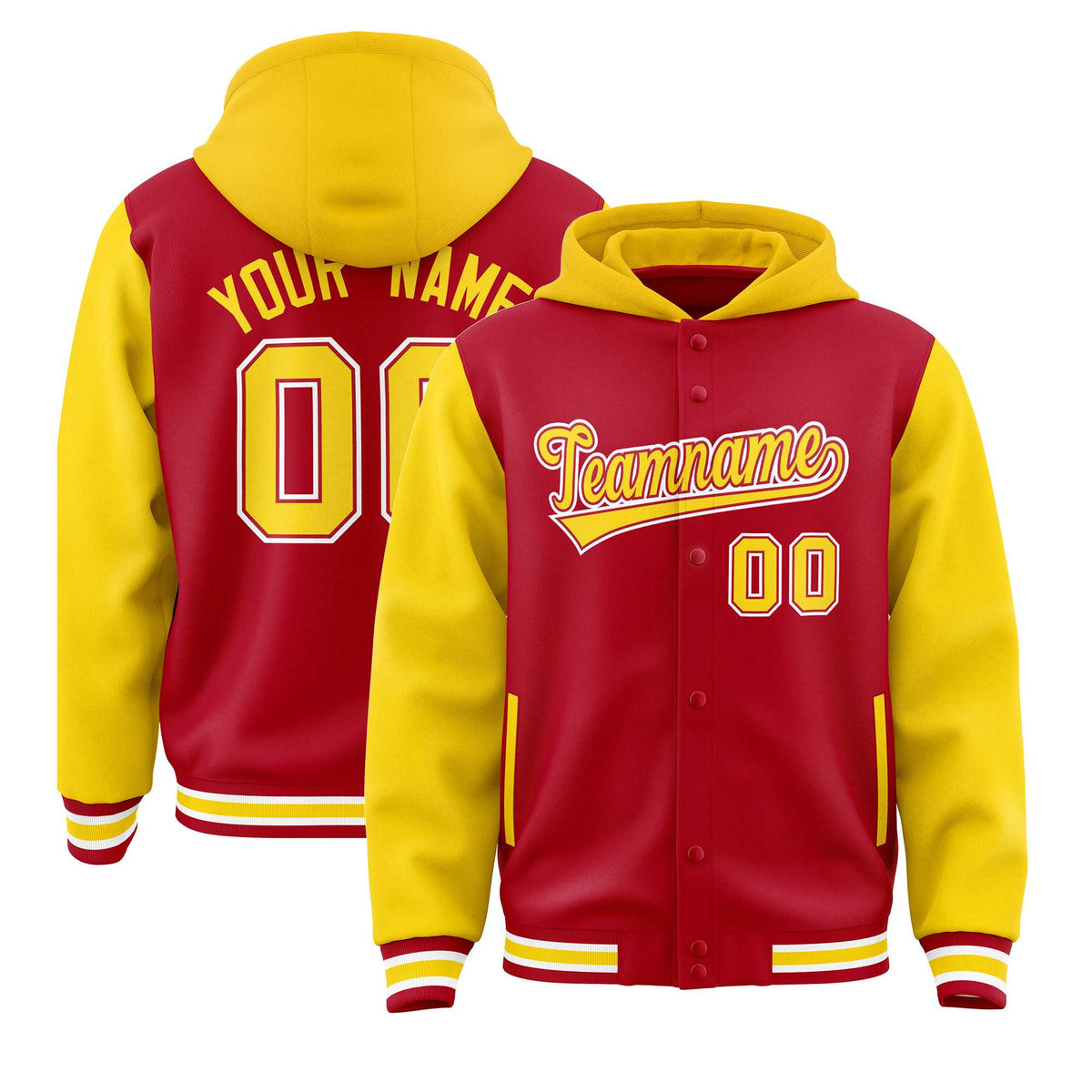 Custom Red Gold Raglan Sleeves Varsity Full-Snap Letterman Two Tone Jacket Hoodie| KXKSHOP