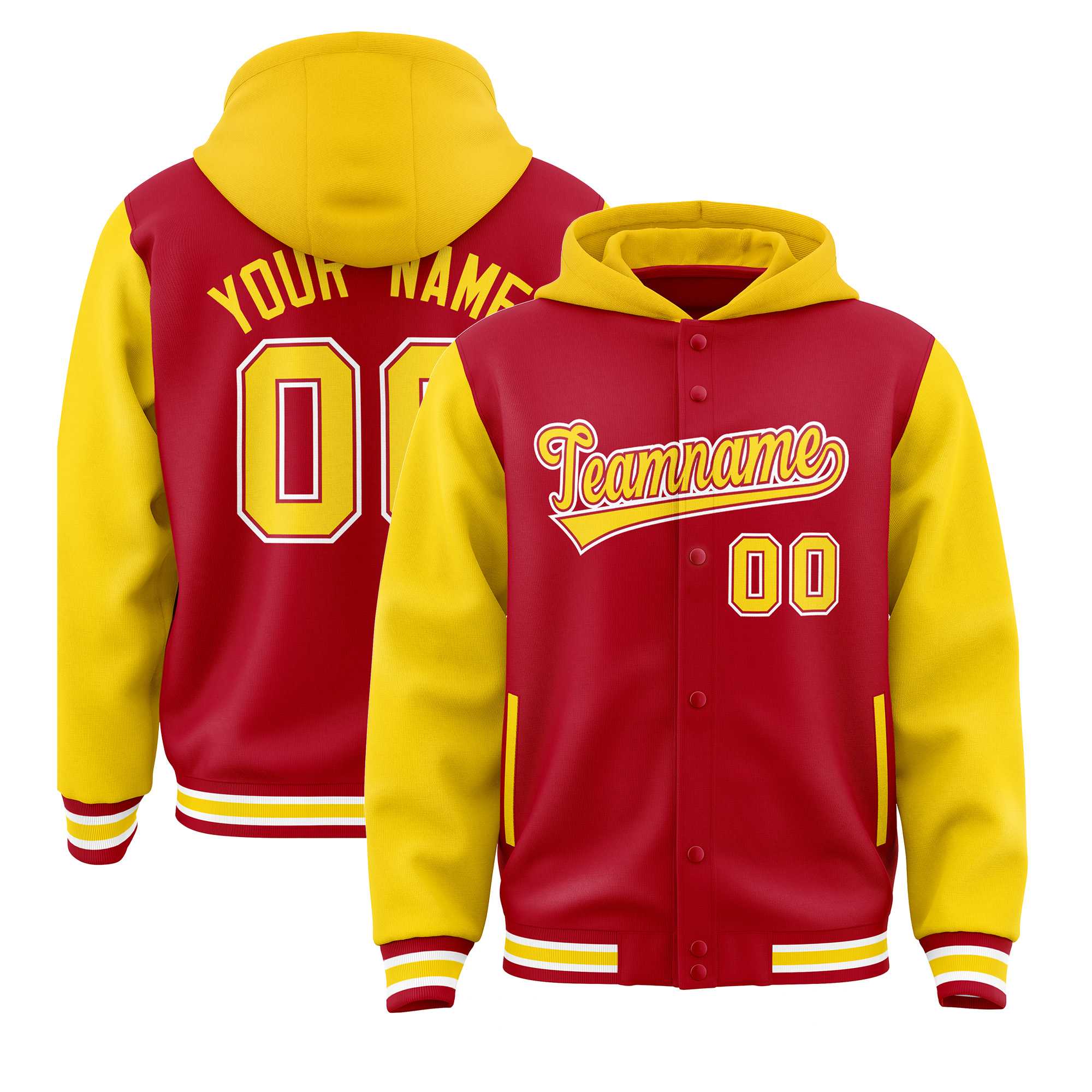 Custom Red Gold Raglan Sleeves Varsity Full-Snap Letterman Two Tone Jacket Hoodie| KXKSHOP