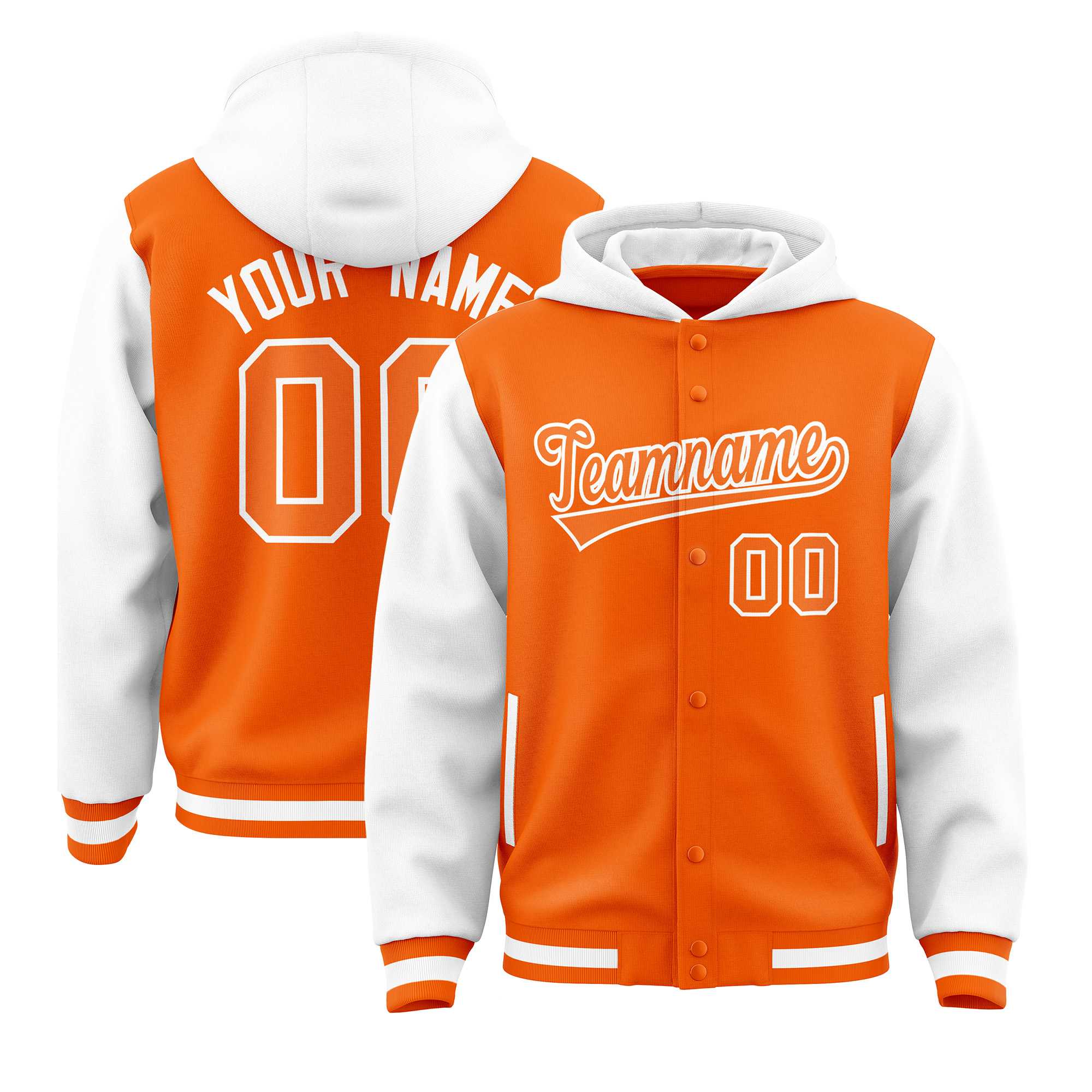 Custom Orange White Raglan Sleeves Varsity Full-Snap Letterman Two Tone Jacket Hoodie| KXKSHOP