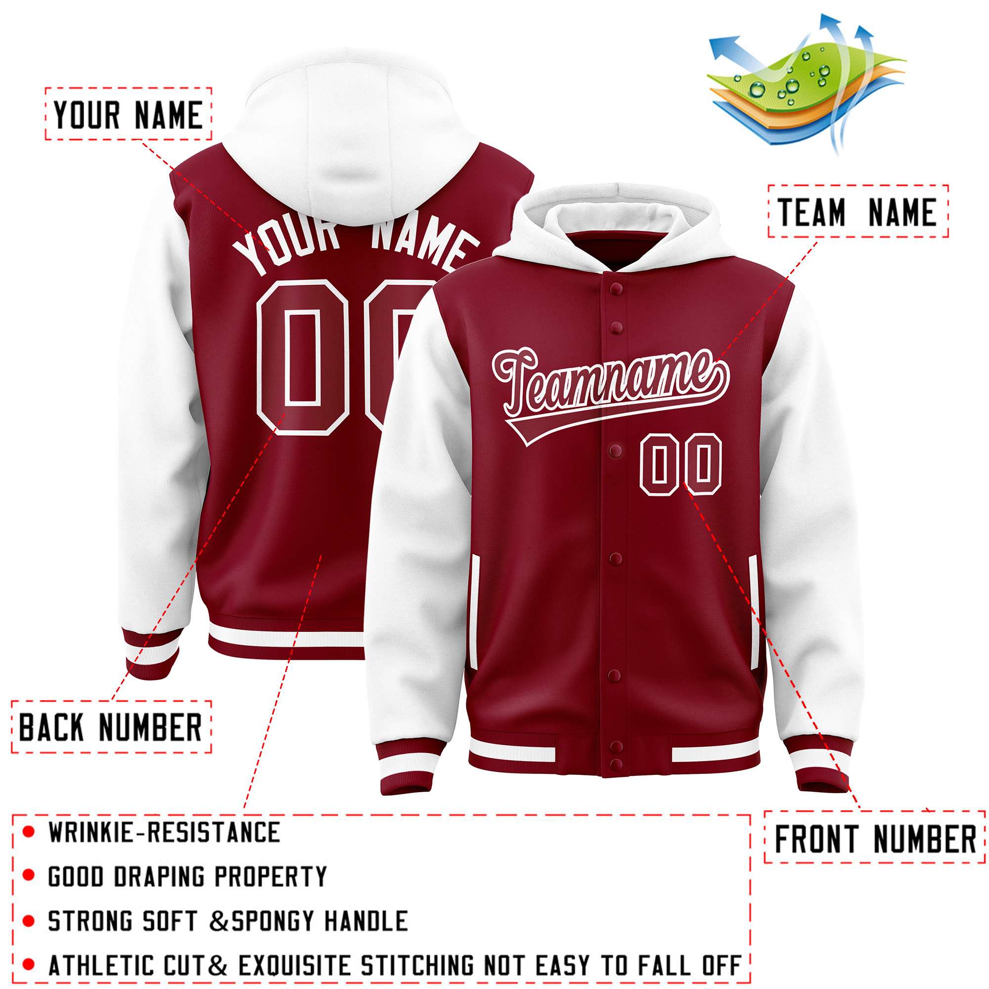 Custom Crimson White Raglan Sleeves Varsity Full-Snap Letterman Two Tone Jacket Hoodie| KXKSHOP