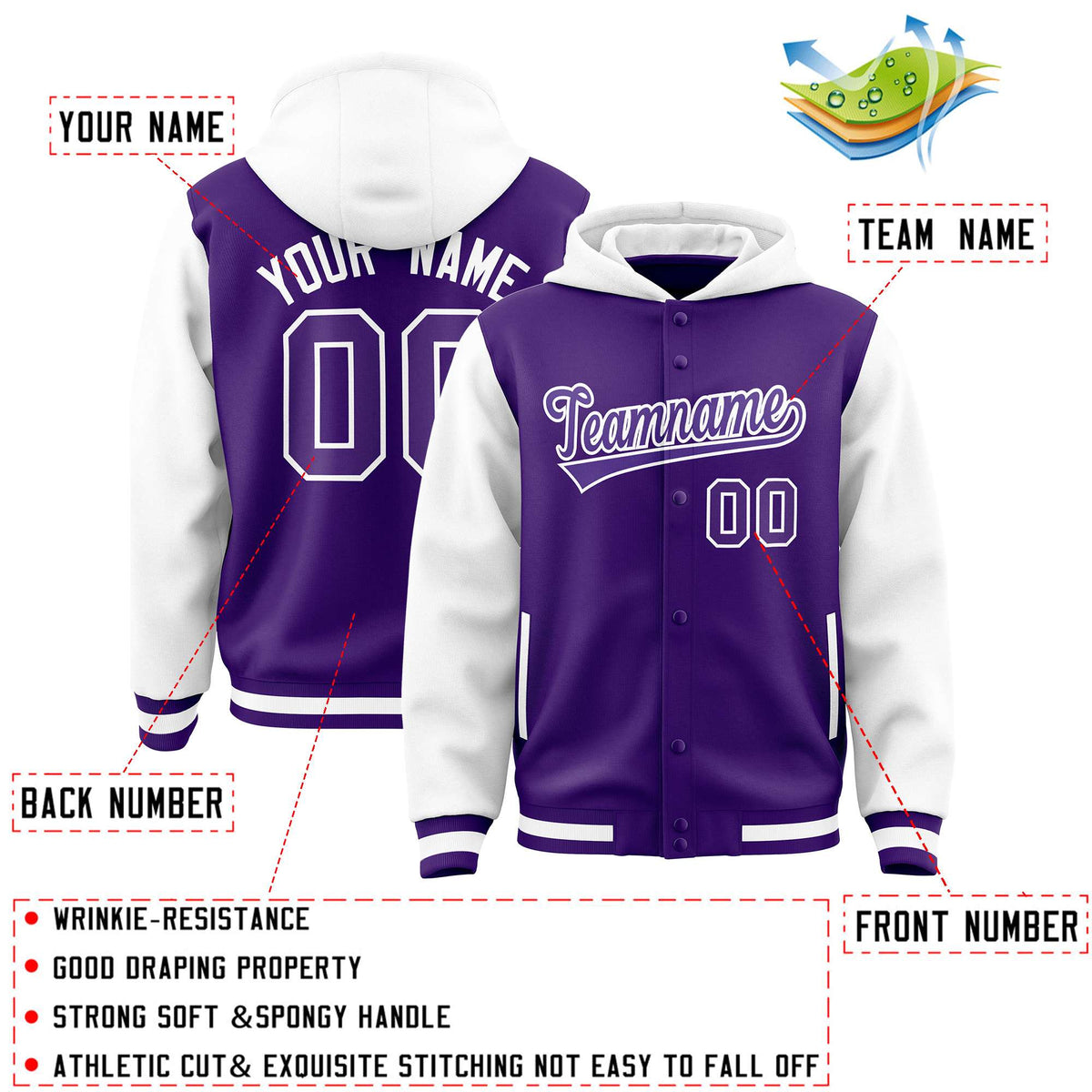 Custom Purple White Raglan Sleeves Varsity Full-Snap Letterman Two Tone Jacket Hoodie| KXKSHOP