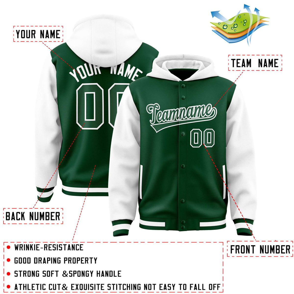 Custom Green White Raglan Sleeves Varsity Full-Snap Letterman Two Tone Jacket Hoodie| KXKSHOP