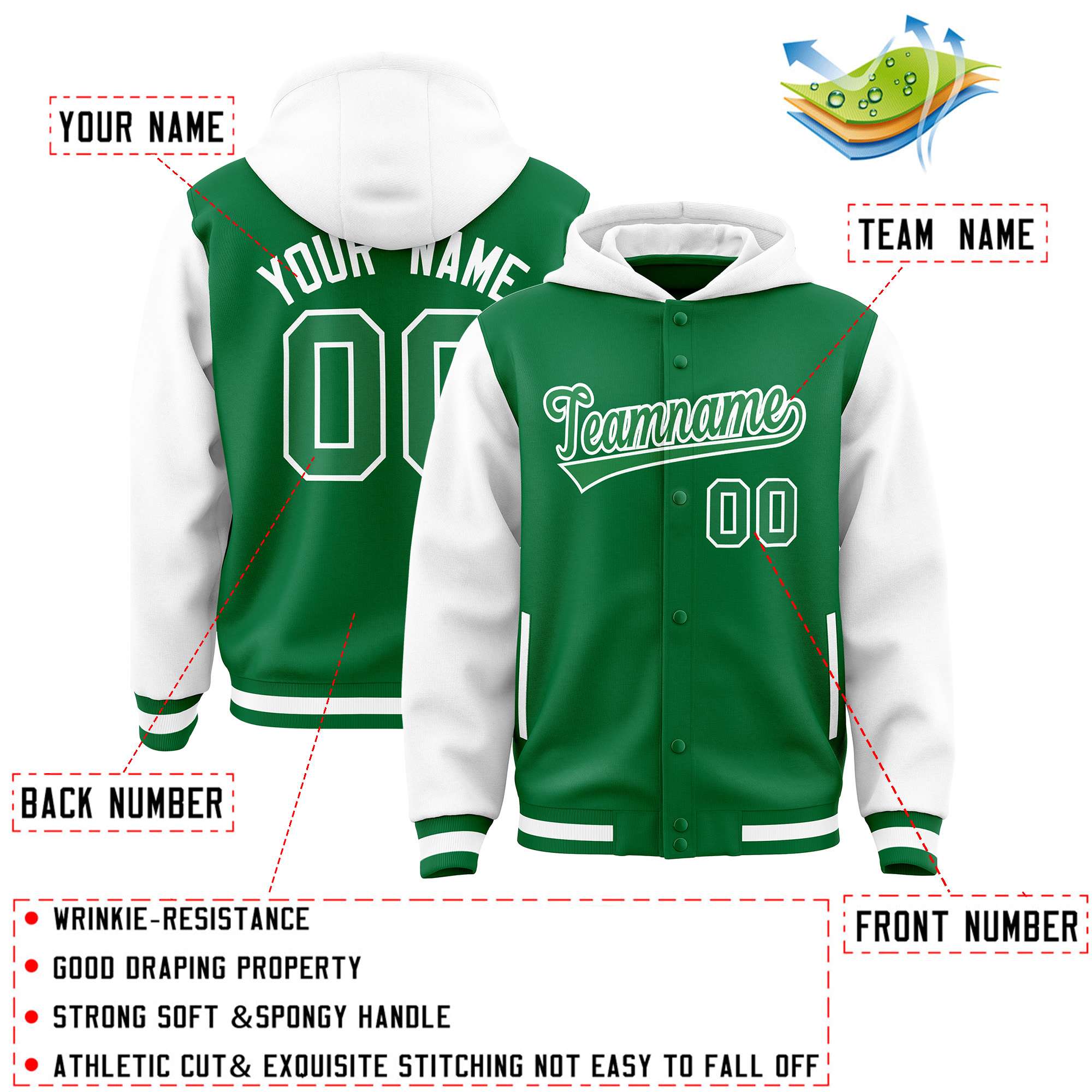 Custom Kelly Green White Raglan Sleeves Varsity Full-Snap Letterman Two Tone Jacket Hoodie| KXKSHOP