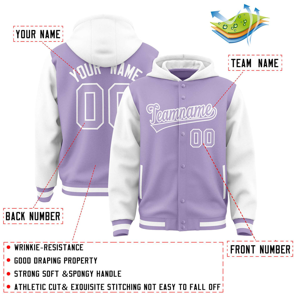 Custom Light Purple White Raglan Sleeves Varsity Full-Snap Letterman Two Tone Jacket Hoodie| KXKSHOP