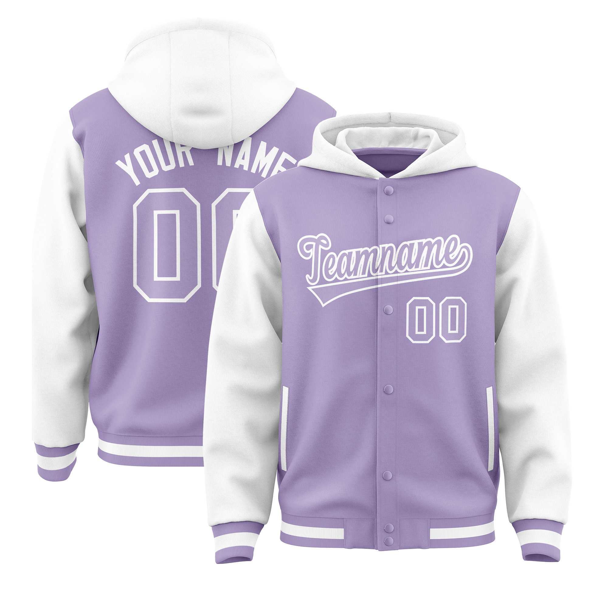 Custom Light Purple White Raglan Sleeves Varsity Full-Snap Letterman Two Tone Jacket Hoodie| KXKSHOP