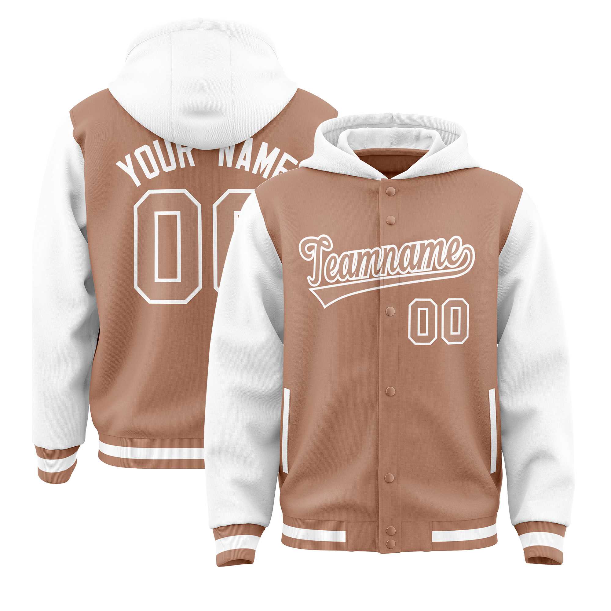 Custom Teabrown White Raglan Sleeves Varsity Full-Snap Letterman Two Tone Jacket Hoodie| KXKSHOP