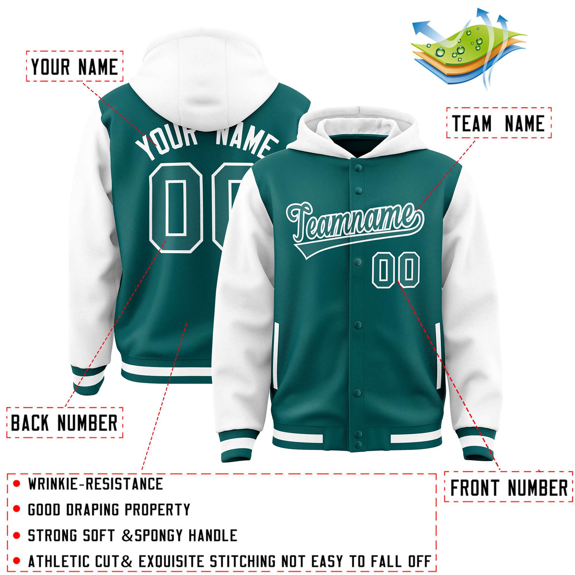 Custom Aqua White Raglan Sleeves Varsity Full-Snap Letterman Two Tone Jacket Hoodie| KXKSHOP