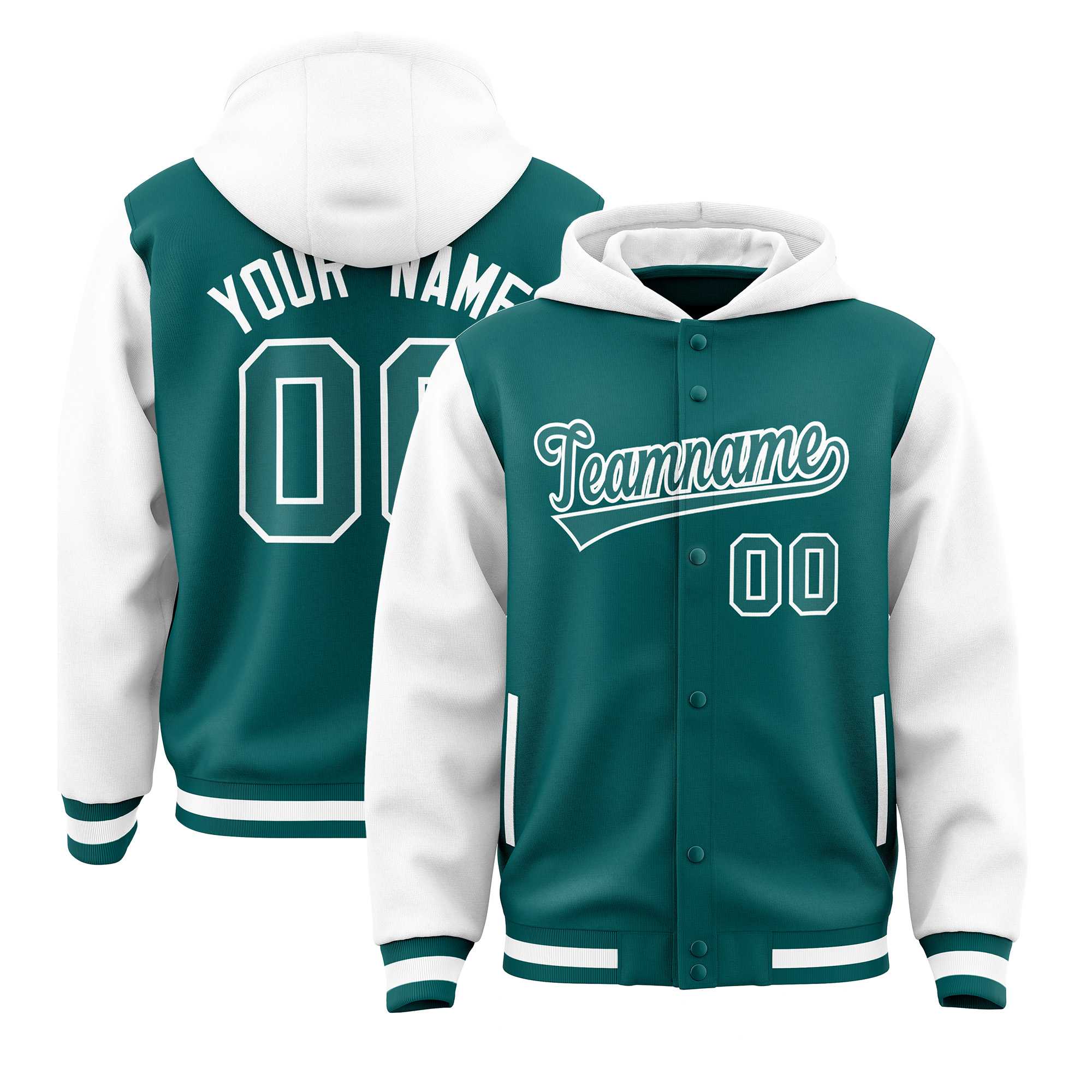 Custom Aqua White Raglan Sleeves Varsity Full-Snap Letterman Two Tone Jacket Hoodie| KXKSHOP