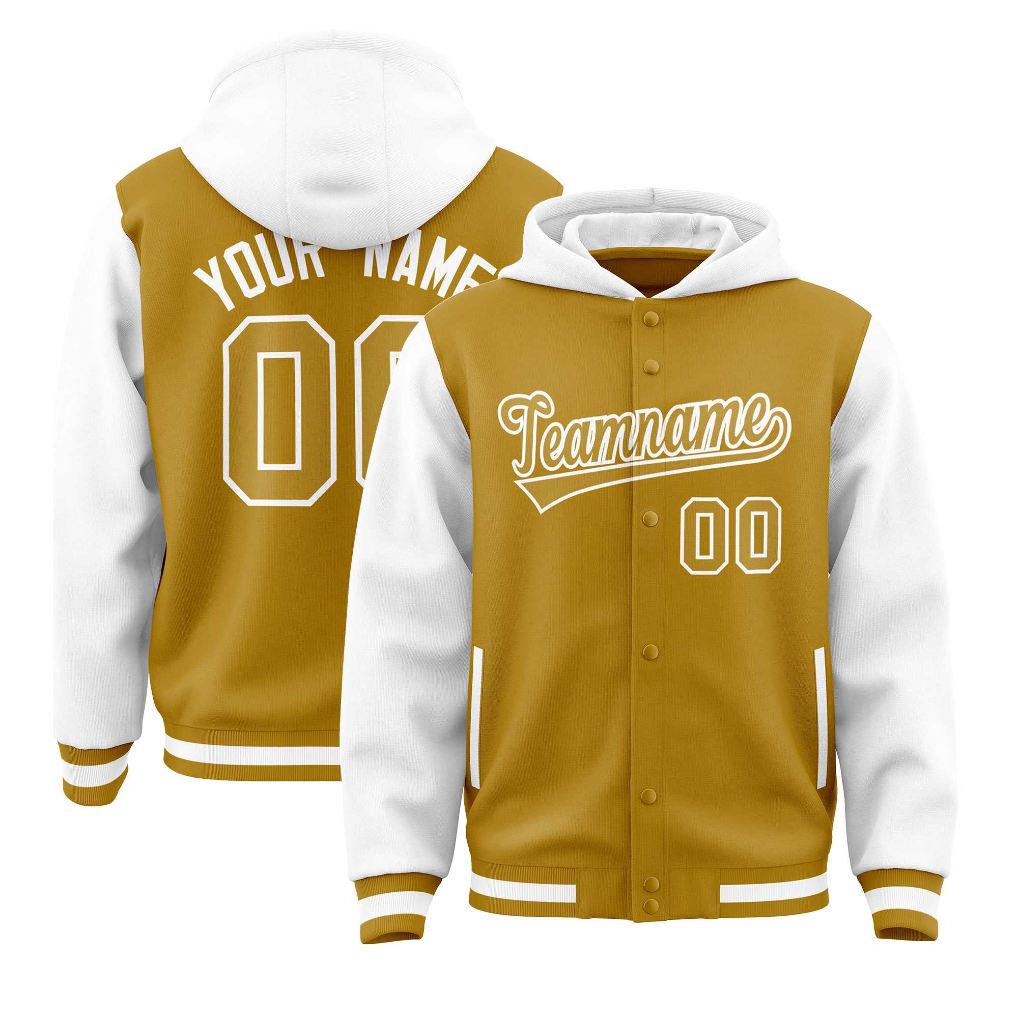 Custom Old Gold White Raglan Sleeves Varsity Full-Snap Letterman Two Tone Jacket Hoodie| KXKSHOP