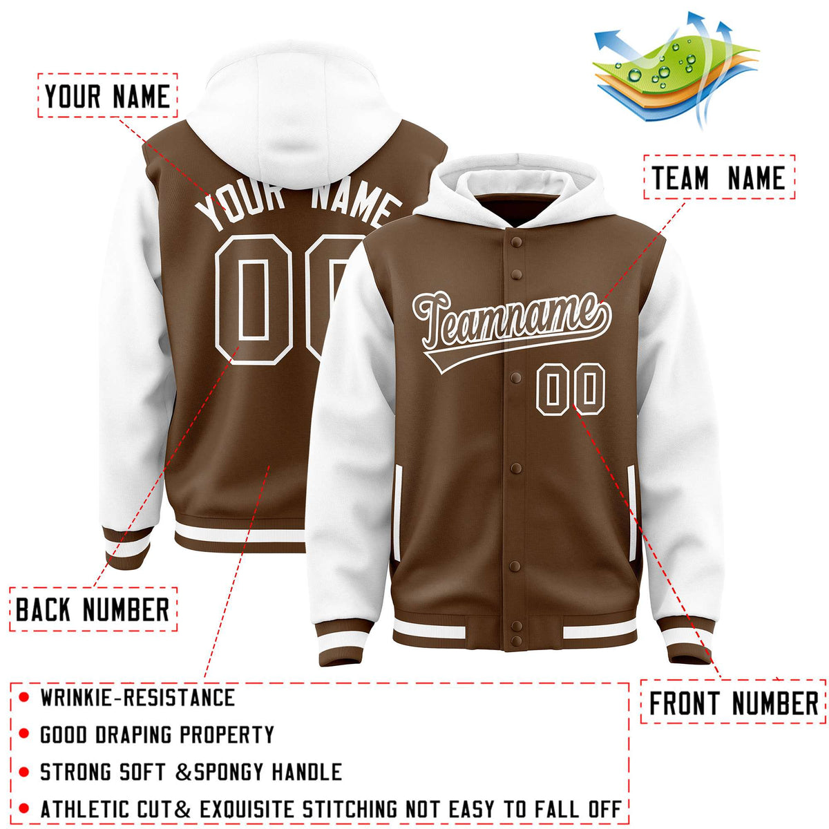 Custom Light Brown White Raglan Sleeves Varsity Full-Snap Letterman Two Tone Jacket Hoodie| KXKSHOP