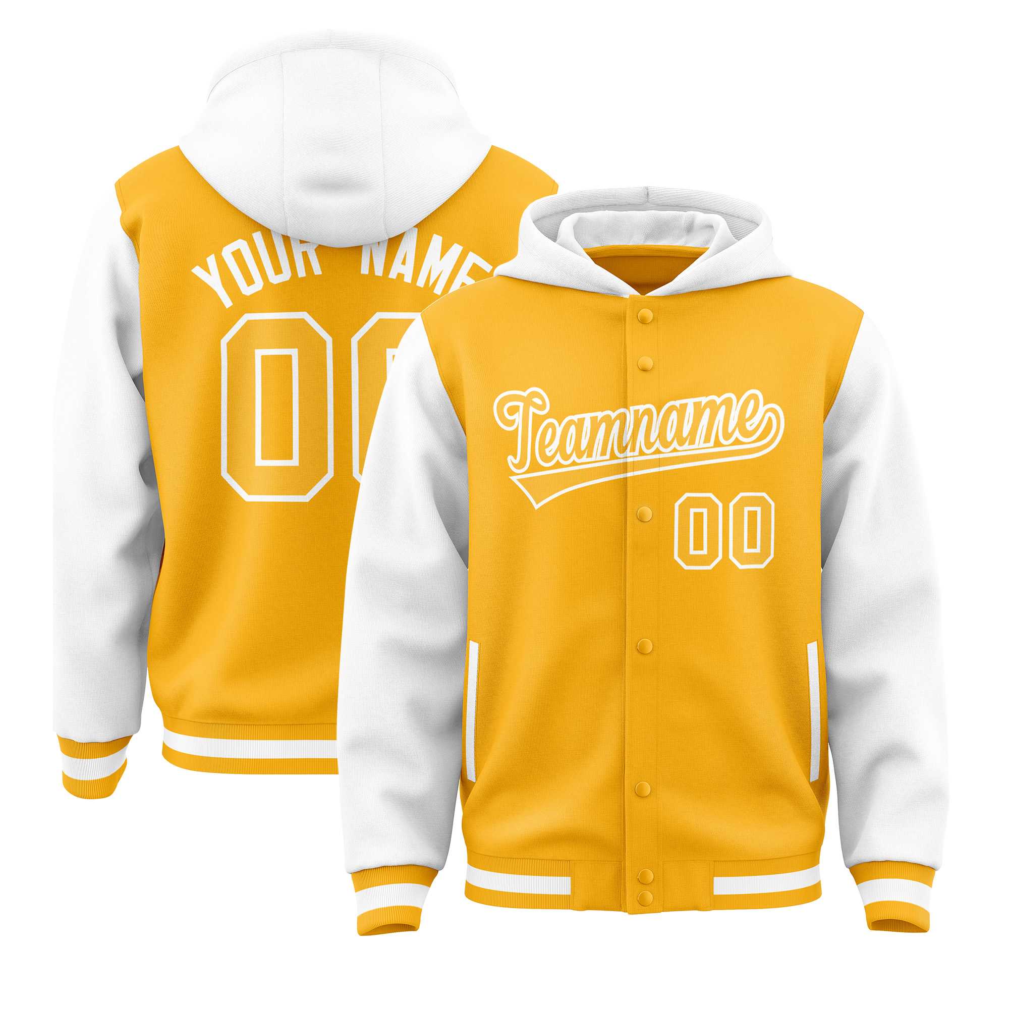 Custom Gold White Raglan Sleeves Varsity Full-Snap Letterman Two Tone Jacket Hoodie| KXKSHOP