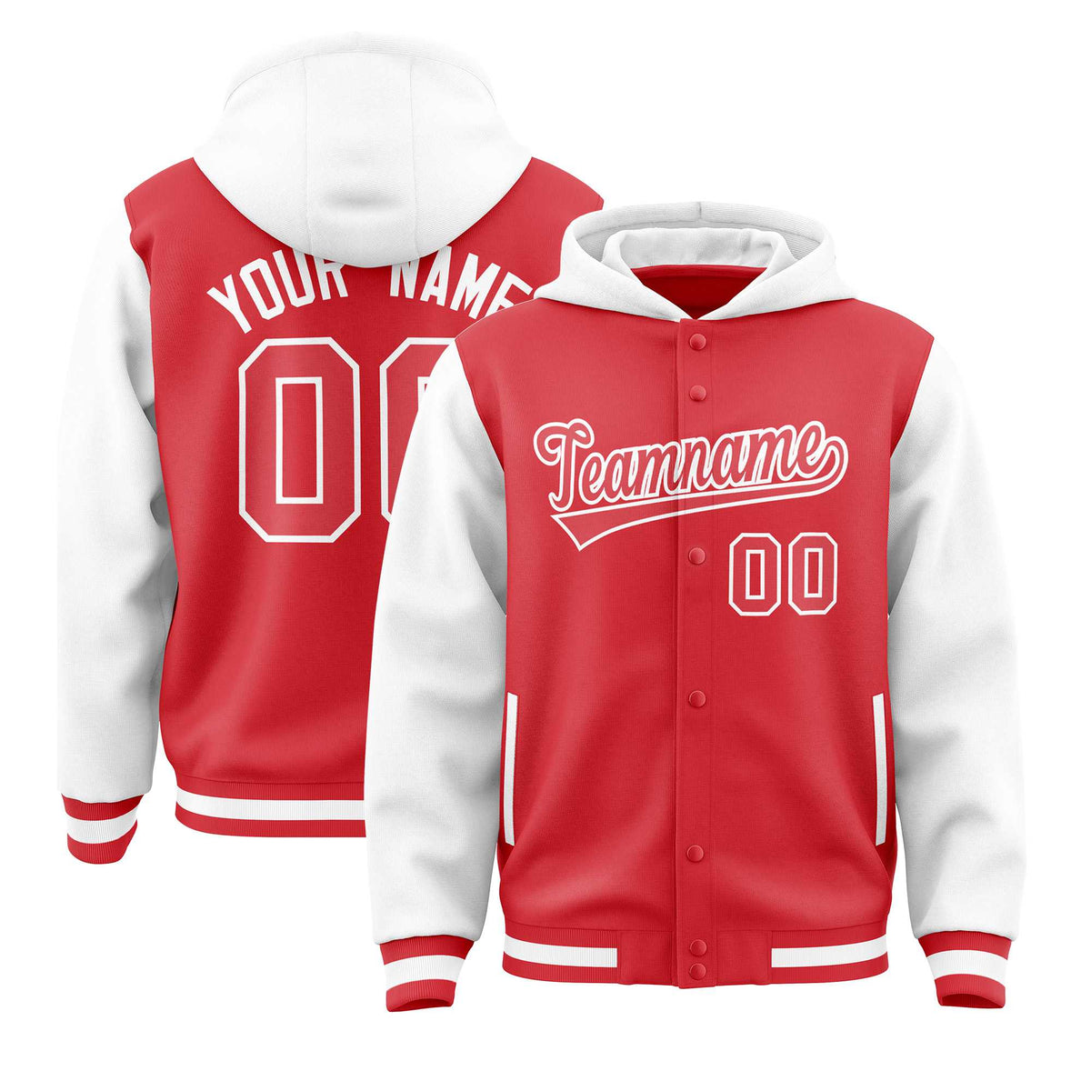 Custom Light Red White Raglan Sleeves Varsity Full-Snap Letterman Two Tone Jacket Hoodie| KXKSHOP
