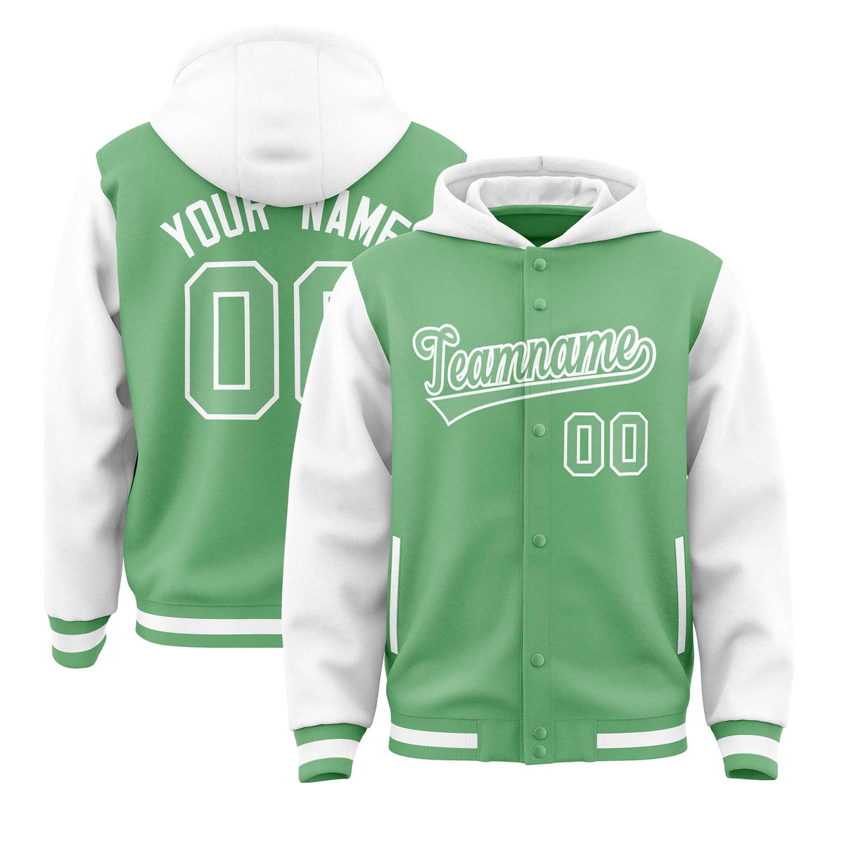 Custom Green White Raglan Sleeves Varsity Full-Snap Letterman Two Tone Jacket Hoodie| KXKSHOP
