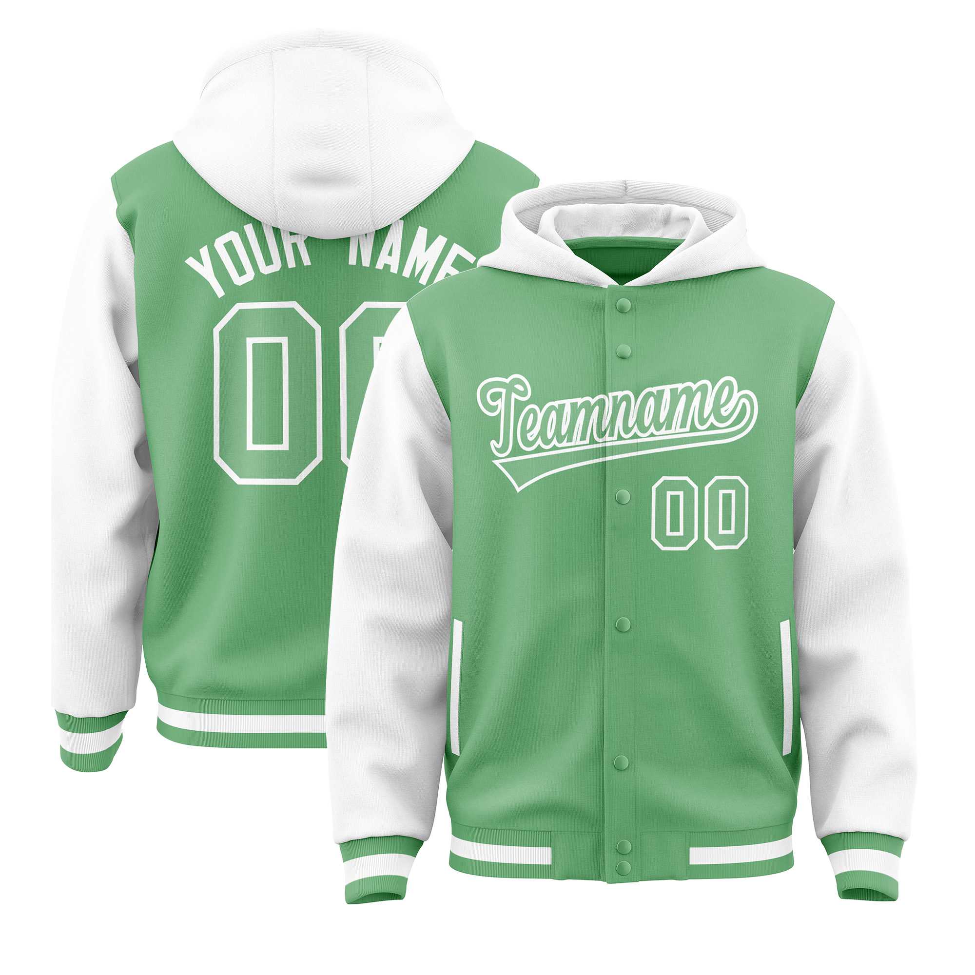 Custom Green White Raglan Sleeves Varsity Full-Snap Letterman Two Tone Jacket Hoodie| KXKSHOP
