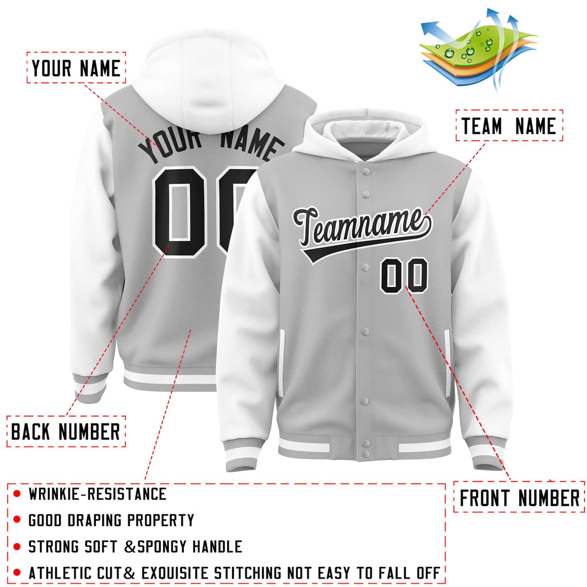 Custom Gray White Raglan Sleeves Varsity Full-Snap Letterman Two Tone Jacket Hoodie| KXKSHOP